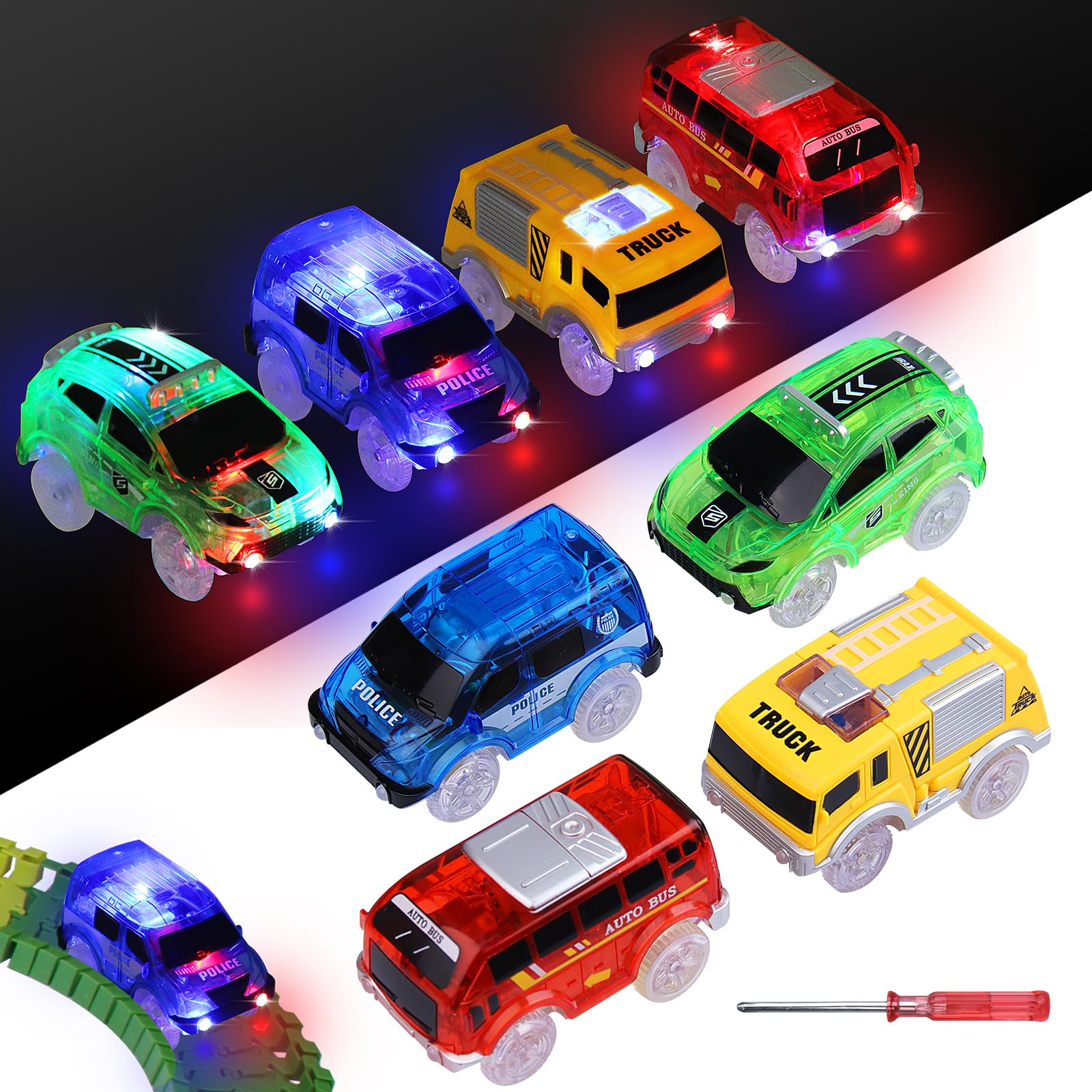 Coches Para Niños Mágicos Que Brillan en la Oscuridad - Paquete de 4 Autos de Pista Con Accesorio Compatible Con La Mayoría de Las Pistas - Para Edades 2-8 Años