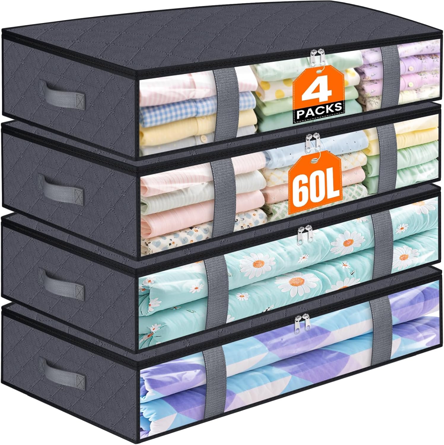 Under Bed Storage Containers, 4 Pack Collapsible Bags with Clear Front, 60L, Grey