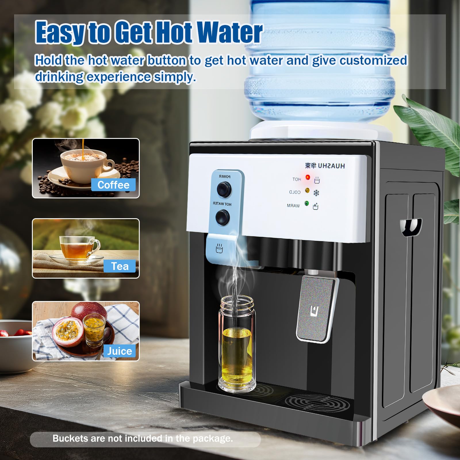Top Loading Water Cooler Dispenser For 5 Gallon Bottles - Hot & Cold & Room Temp, Compact Desktop Design, White