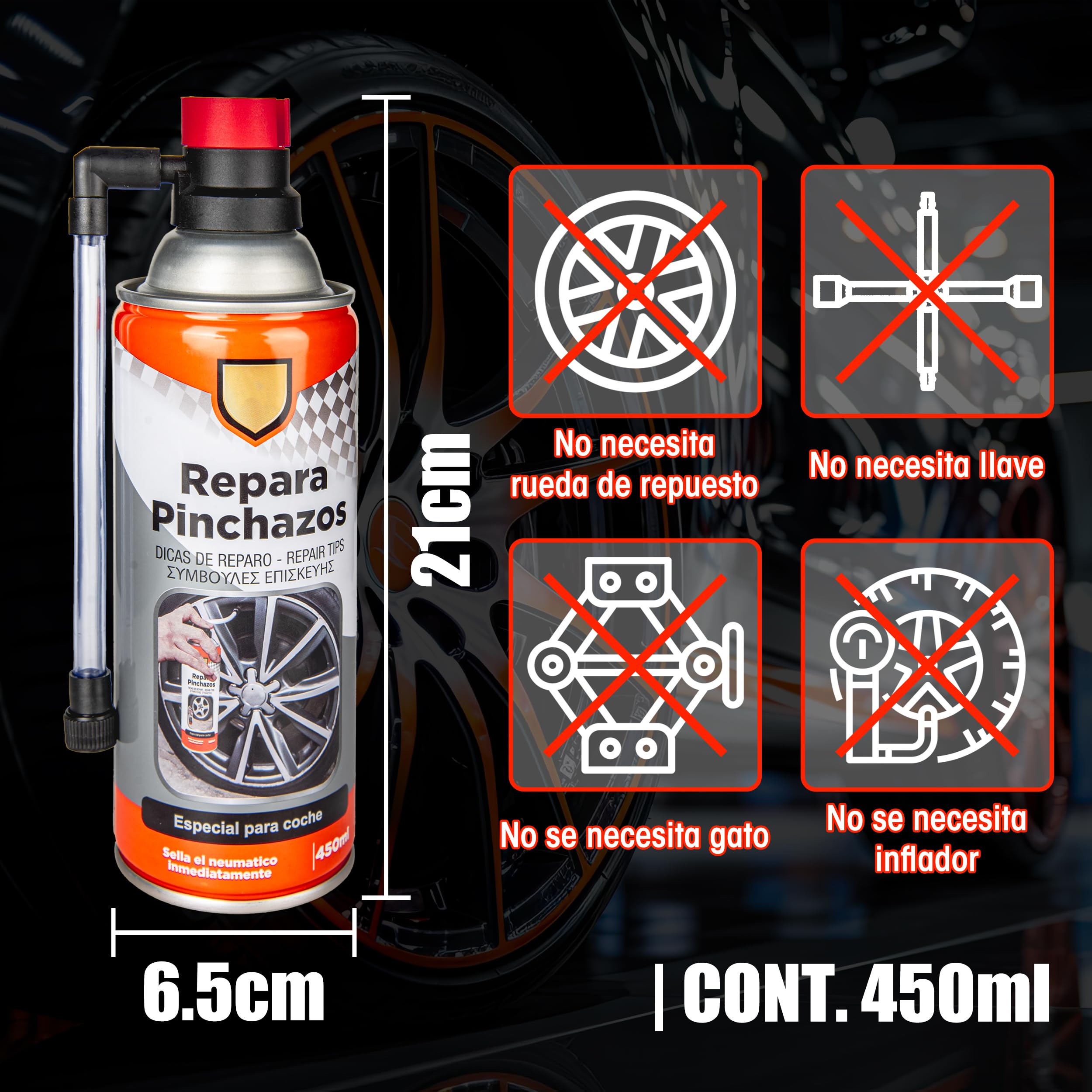 Kit Repara Pinchazos Especial para Coche 450ml Sella el Neumatico Inmediatamente - Sellador Emergencia para Reparar Ruedas (2)