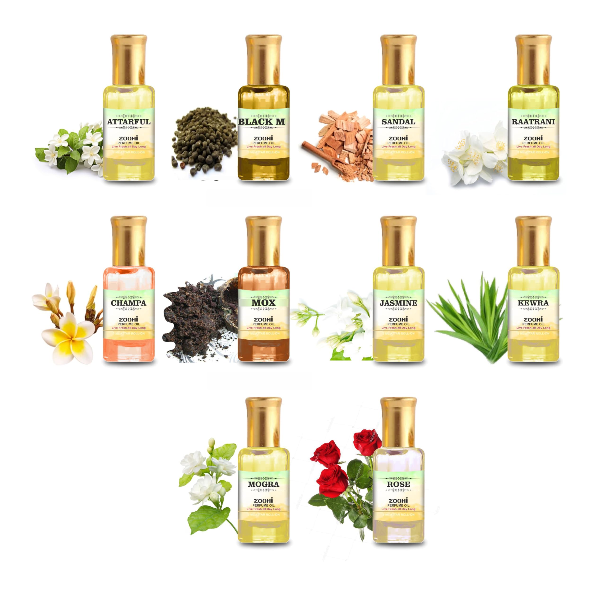 ZooHi Pooja Attar Combo Pack 10 Pcs 10 Variant Smell Alcohol Free Perfume oil Set Rose, Sandal, Jasmine, Kewra, Attarful, Raatrani, Kasturi, Champa, Mogra, Musk 30 ML-image-10
