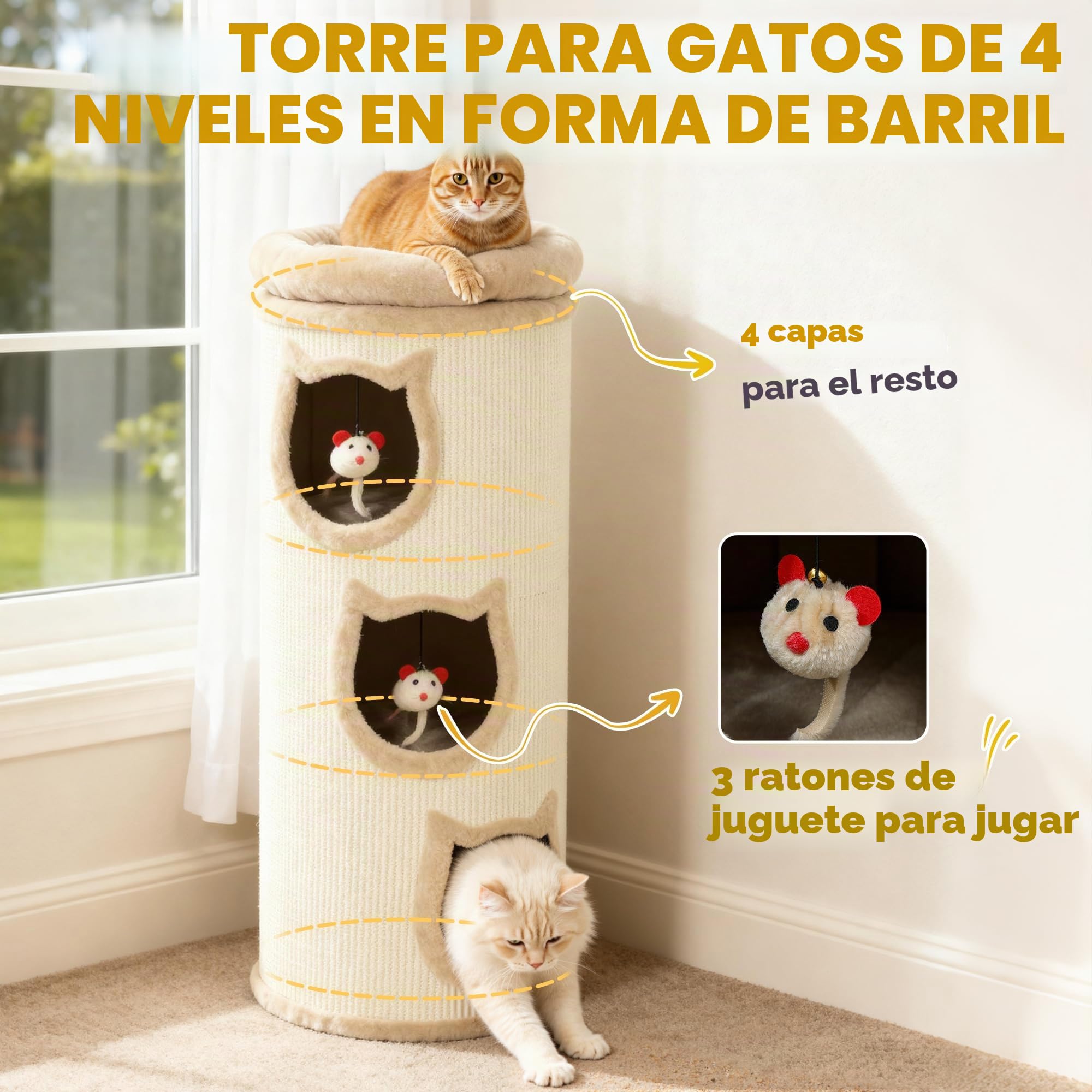 PawHut - Barril para rascar (96 cm, sisal y Borde de Felpa, 3 Niveles con Plataforma, árbol de Gato Estable para Gatos pequeños y Grandes, Garras y Juegos, Ø 38 cm, Crema