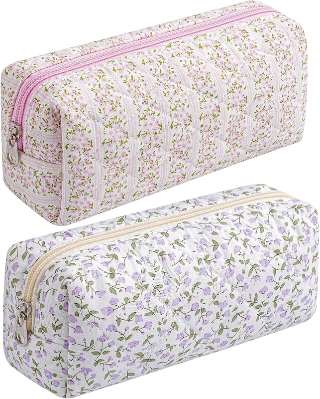 Necessaire para maquiagem HHQQWZ em poliéster matelassado com zíper, floral rosa e roxo, Pacote com 2