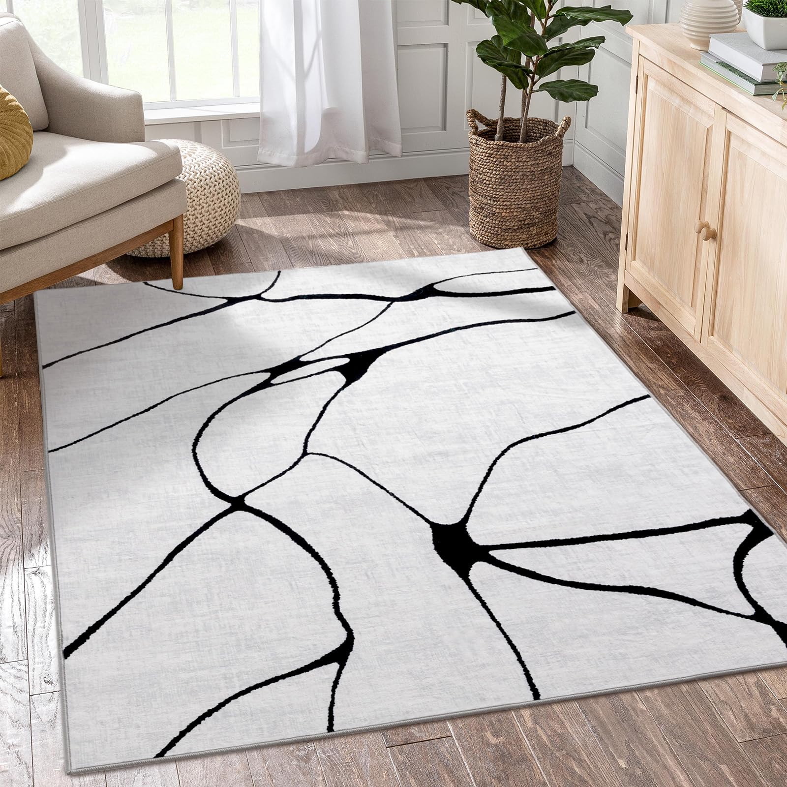 YIHOUSE 5x7 Washable Living Room Rug - Modern Abstract Black and White Area Rug Non-Slip for Bedroom Home Office (Warping, 5'x7'ft)
