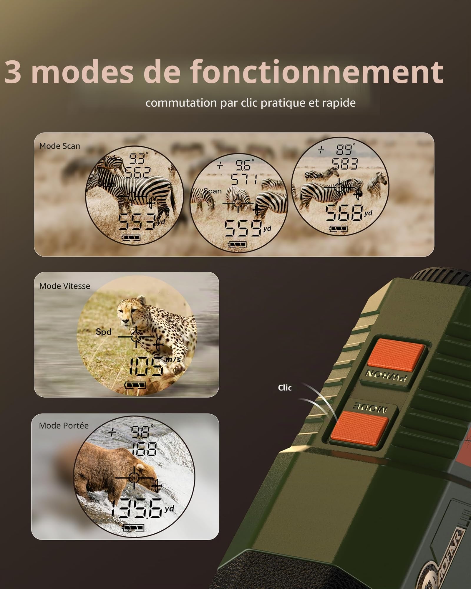 AOFAR HX1600 Télémètre Laser Chasse 1600Y, Angle & Distance Horizontale | Télémètre laser 1600Y avec mesure d’angle et distance horizontale, modes vitesse et scan, idéal pour chasse et tir à l’arc.
