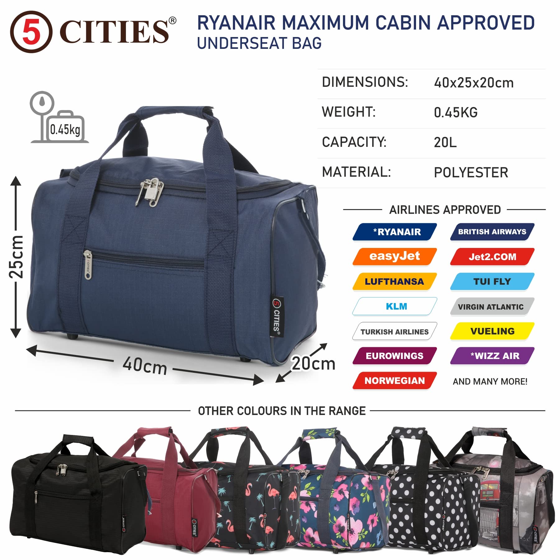 5 Cities 40x20x25 Ryanair Maximum Sized 2022 Under Seat Cabin Holdall