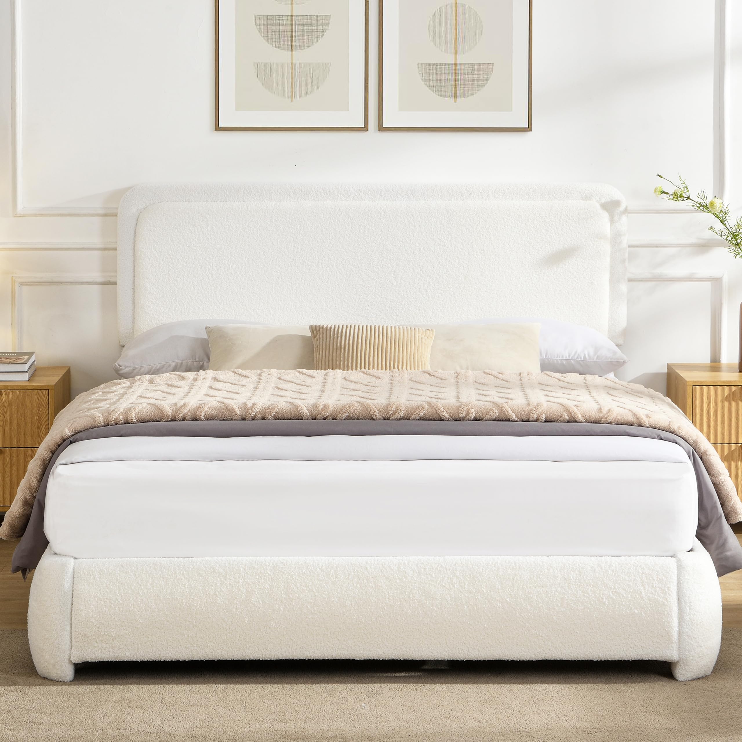 King Size Bed Frame with Adjustable Headboard Modern Boucle Fabric Upholstered Cloud Platform Bed Low to Floor Soft