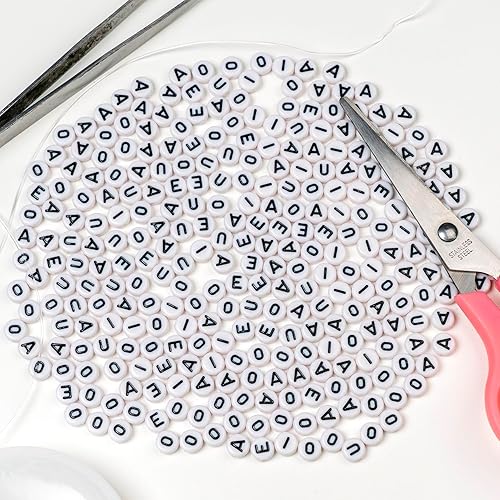 Miniatura 5 de Melius 500 cuentas de vocal acrílicas, AEIOU, 100 unidades cada una para pulseras, joyería, manualidades (4 x 7, redondo, blanco)