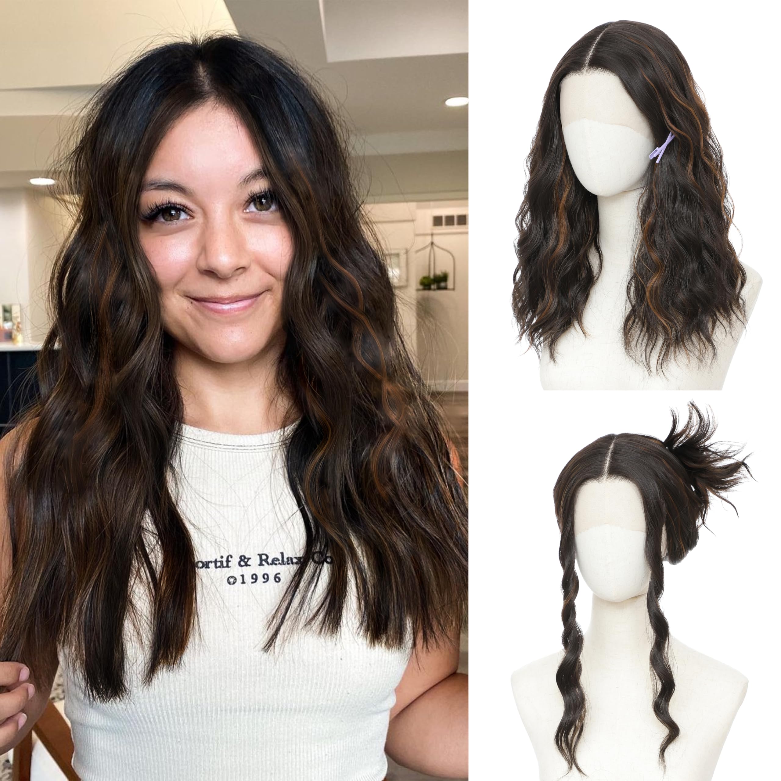 BUPPLER Wig 18 Inch Medium Length Wigs for Women Middle Part Synthetic Hair Wavy Wig with Upgraded Elastic Straps,Natural Hair Wigs for Daily Party/