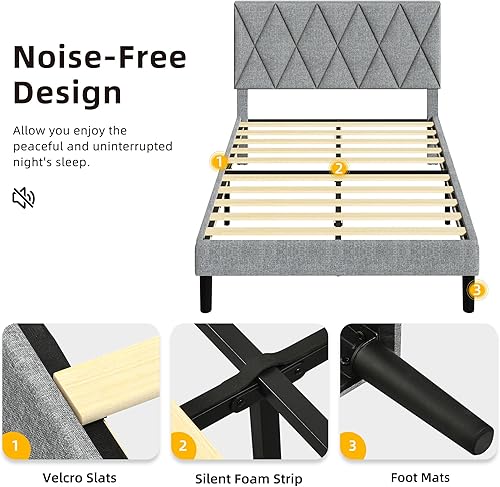 Miniatura 5 de DWVO Base de cama Queen con cabecera ajustable, plataforma tapizada de 14 pulgadas con soporte de listones de madera resistente, soporta hasta 1000