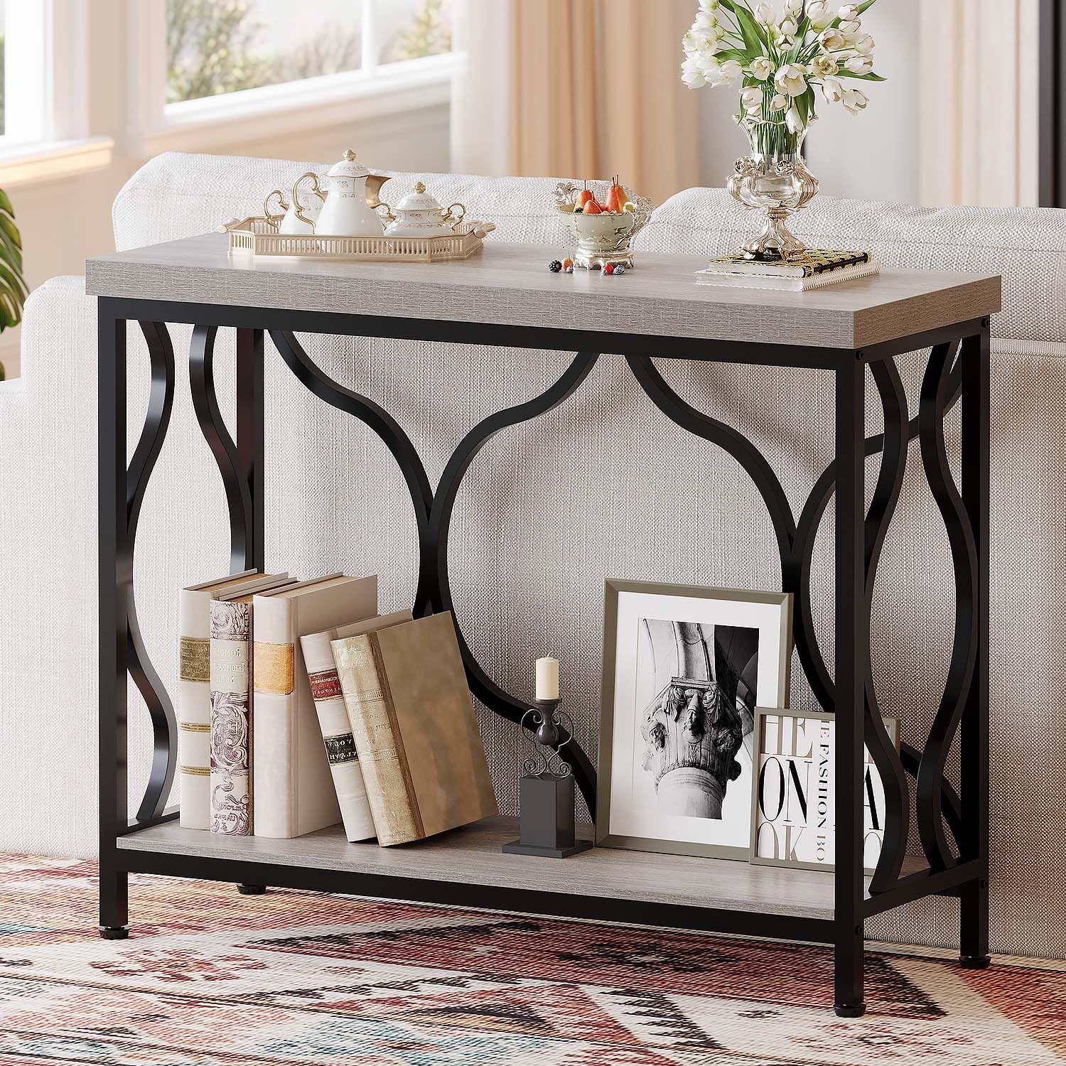 IBF Narrow Entryway Table with Storage Modern Wood Metal Console Sofa Table Behind Couch Tables Industrial Narrow Hallway