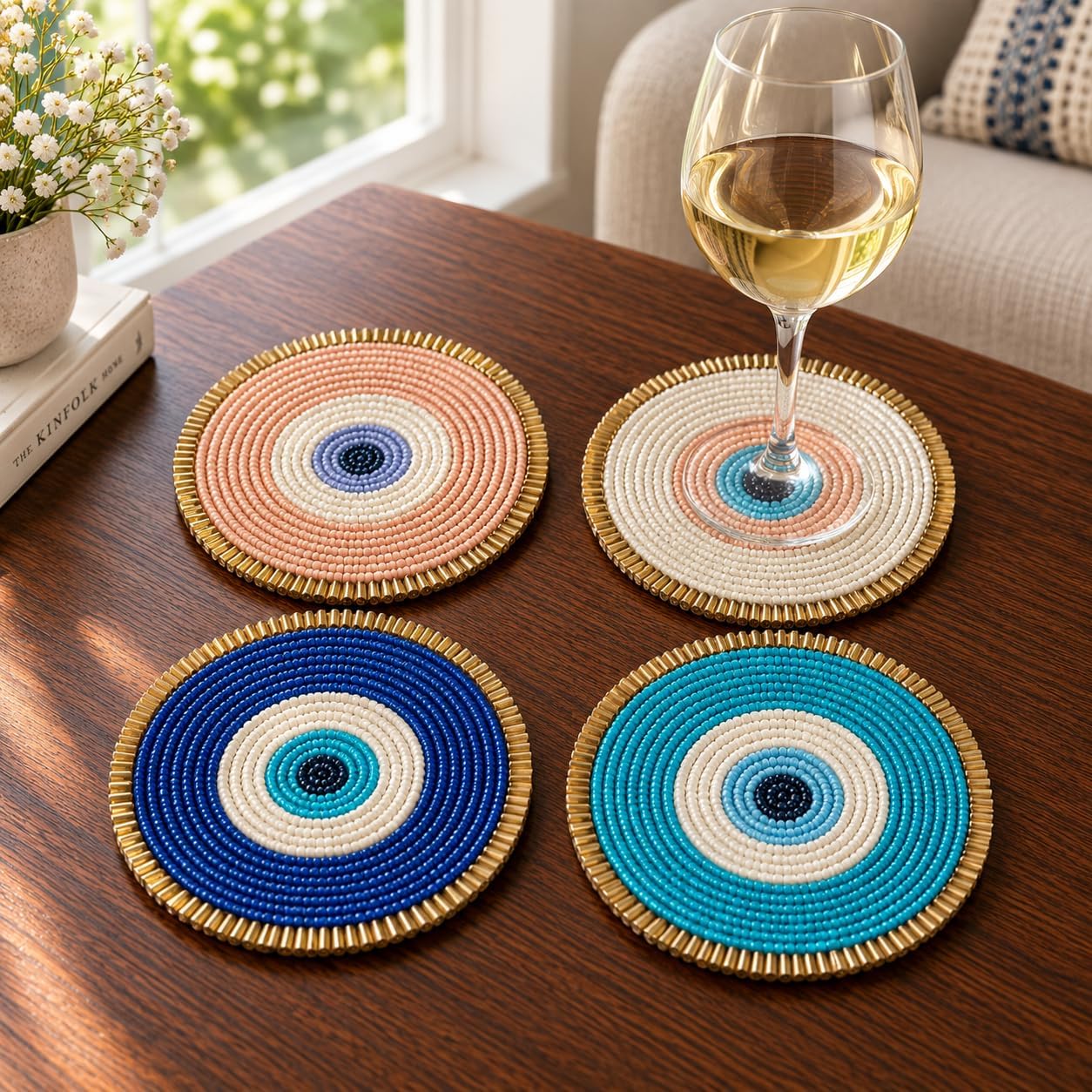 Folkulture Cute Coasters Set of 4 for Drink, Boho Table Decor & Party Décor | Evil Eye Beaded Handmade Round Drink Coasters for Coffee Table & Bar, Hand-Crafted Cute Coasters Housewarming Gifts