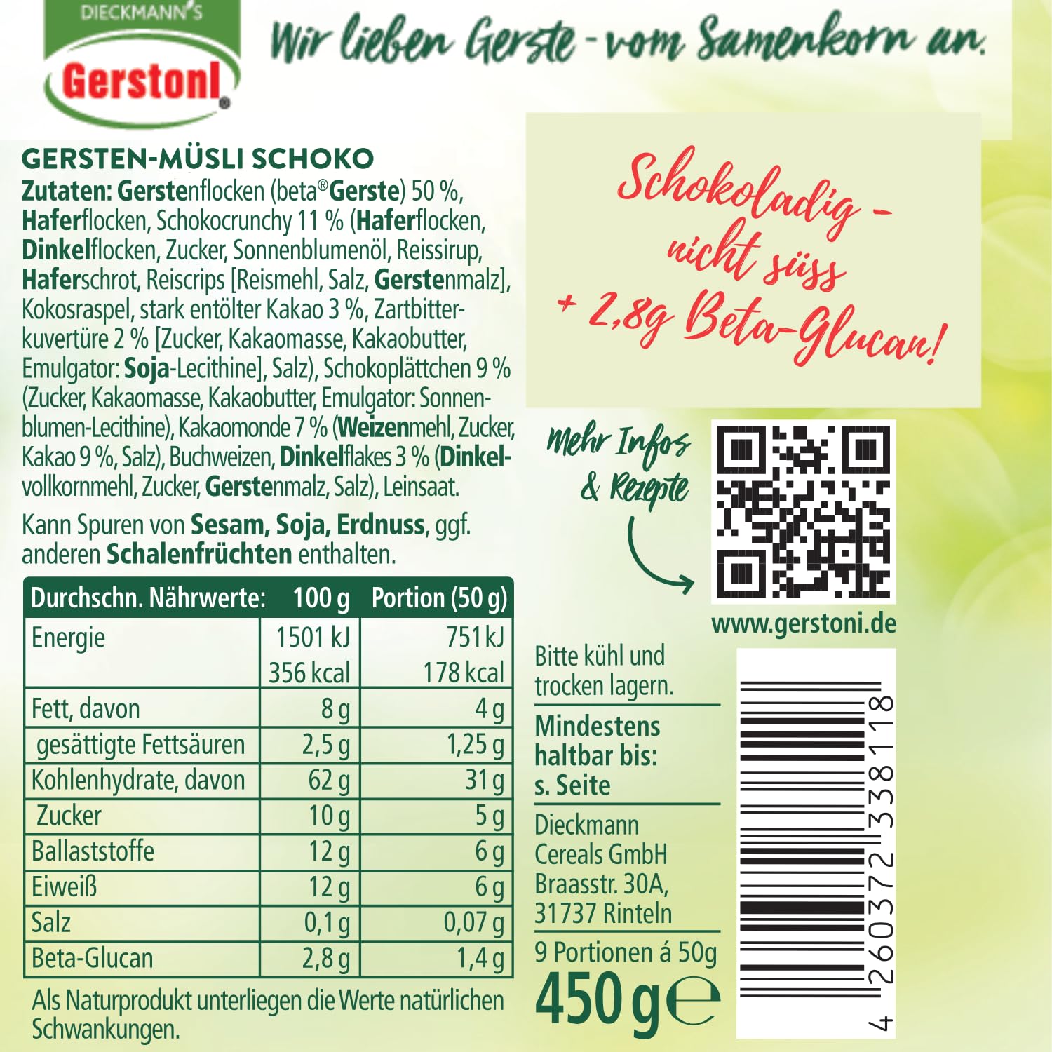 Gerstoni Gersten-Müsli Schoko (12x450g) - schokoladig & lecker, nicht süß - Schokomüsli mit hohem Ballaststoffgehalt & feinen Premium-Gerstenflocken - natürl. Quelle von Beta-Glucan - Fitness-Boost