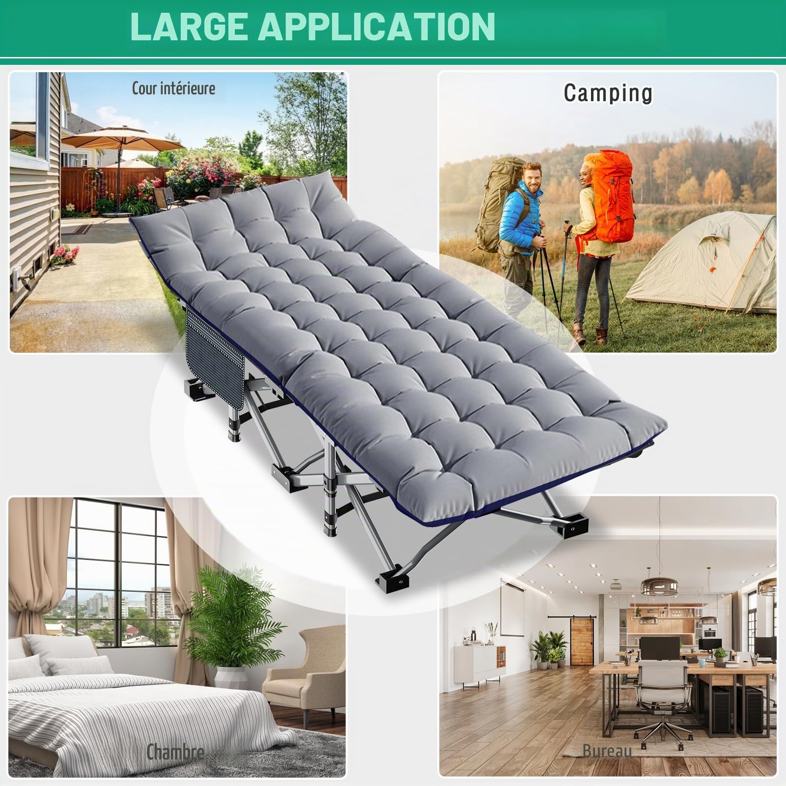 190x71x36CM Lit de Camp Pliant pour Adultes Camping en Plein air avec Coussin et Poche latérale, Cadre en Acier + Tissu Oxford