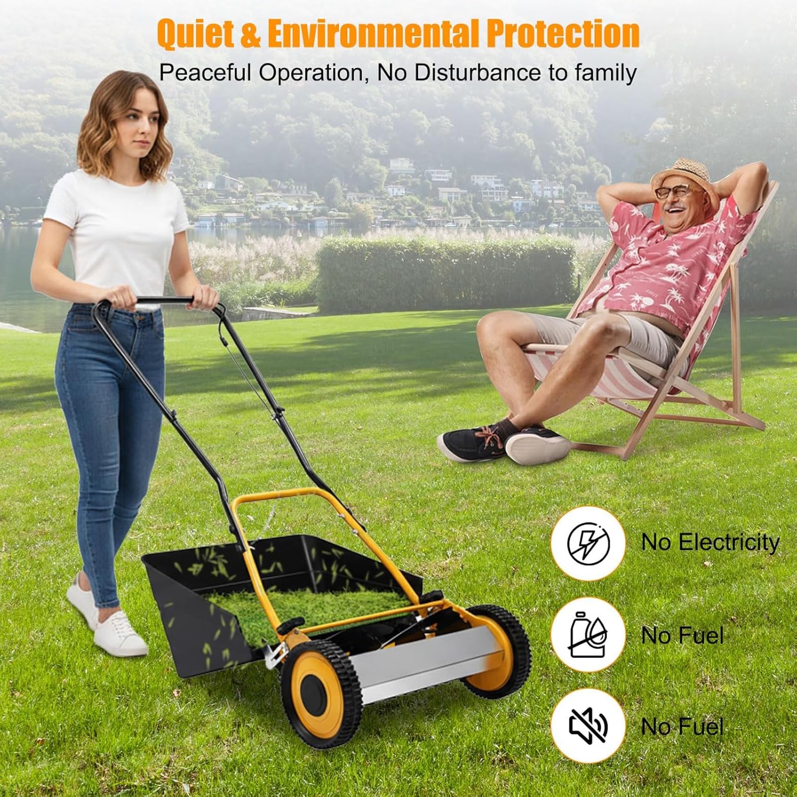 Cortacésped manual de 16 pulgadas, cortador de césped 2 en 1 con bolsa de pajita, altura de corte ajustable, ideal para patios pequeños y jardines