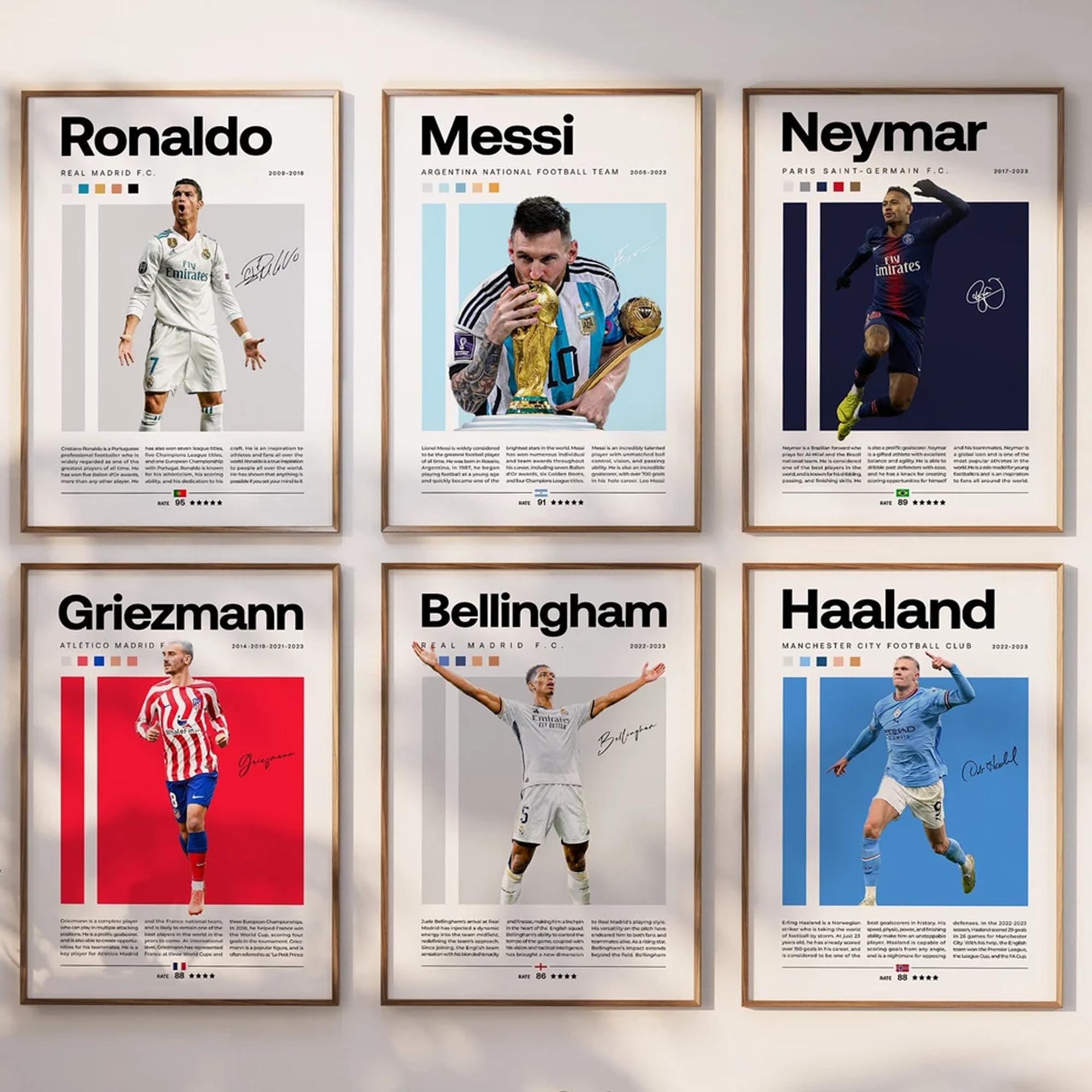 Neymar Ronaldo Messi Griezmann Bellingham Haaland Poster Bundler, Soccer Art Print, Football Poster, Set of 6 (A2-42 x 59.4cm)