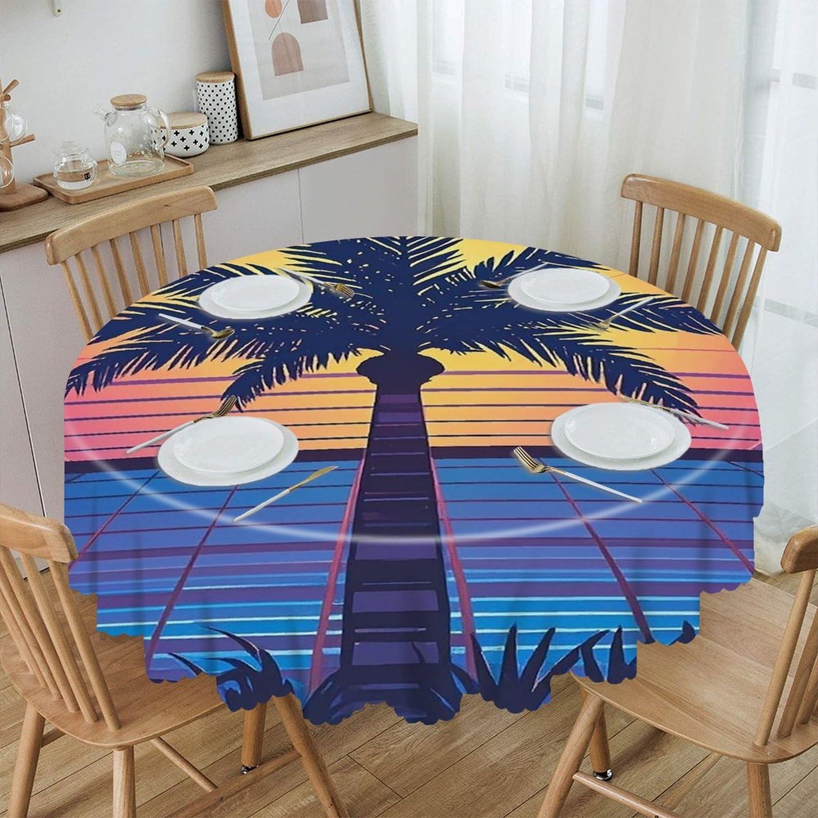 LZQPOEAS Palm Tree Sun and Grid Round Tablecloth Rustic Circle Table Cloth Wrinkle Resistant Decor Tablecloth Waterproof Washable Table Cover for Kitchen Party Dining Table 60 Inch