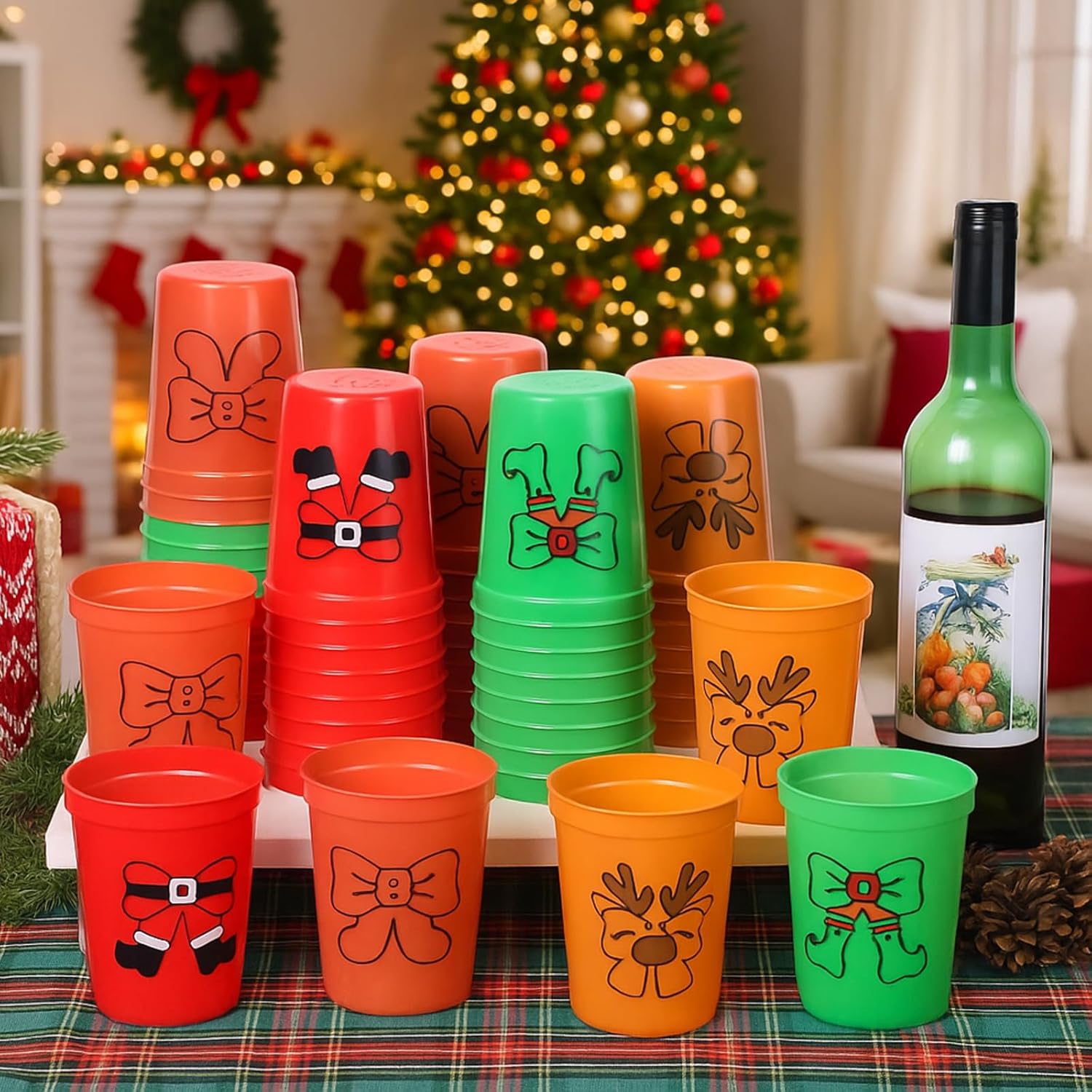 48 Pack Christmas Party Plastic Cups Reusable 16 oz Red and Green Santa Cups Xmas Tumbler Holiday Drinking Cup Bulk Disposable Coffee Mug for Stadium Funny Christmas Party Supplies Winter Elf - Image 3