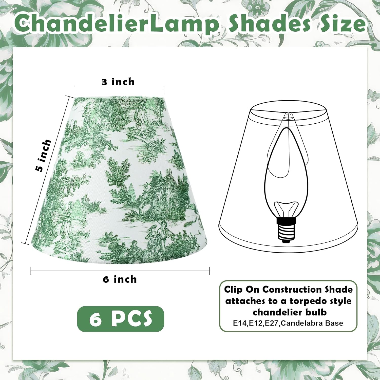 Vihose 6 Pcs Chandelier Lamp Shades Small Lamp Shade 3 Top x 6'' Bottom x 5'' Slant French Countryside Toile Clip on Lampshade for Wall Sconces Pendant Lighting(Crane and Human,Green)