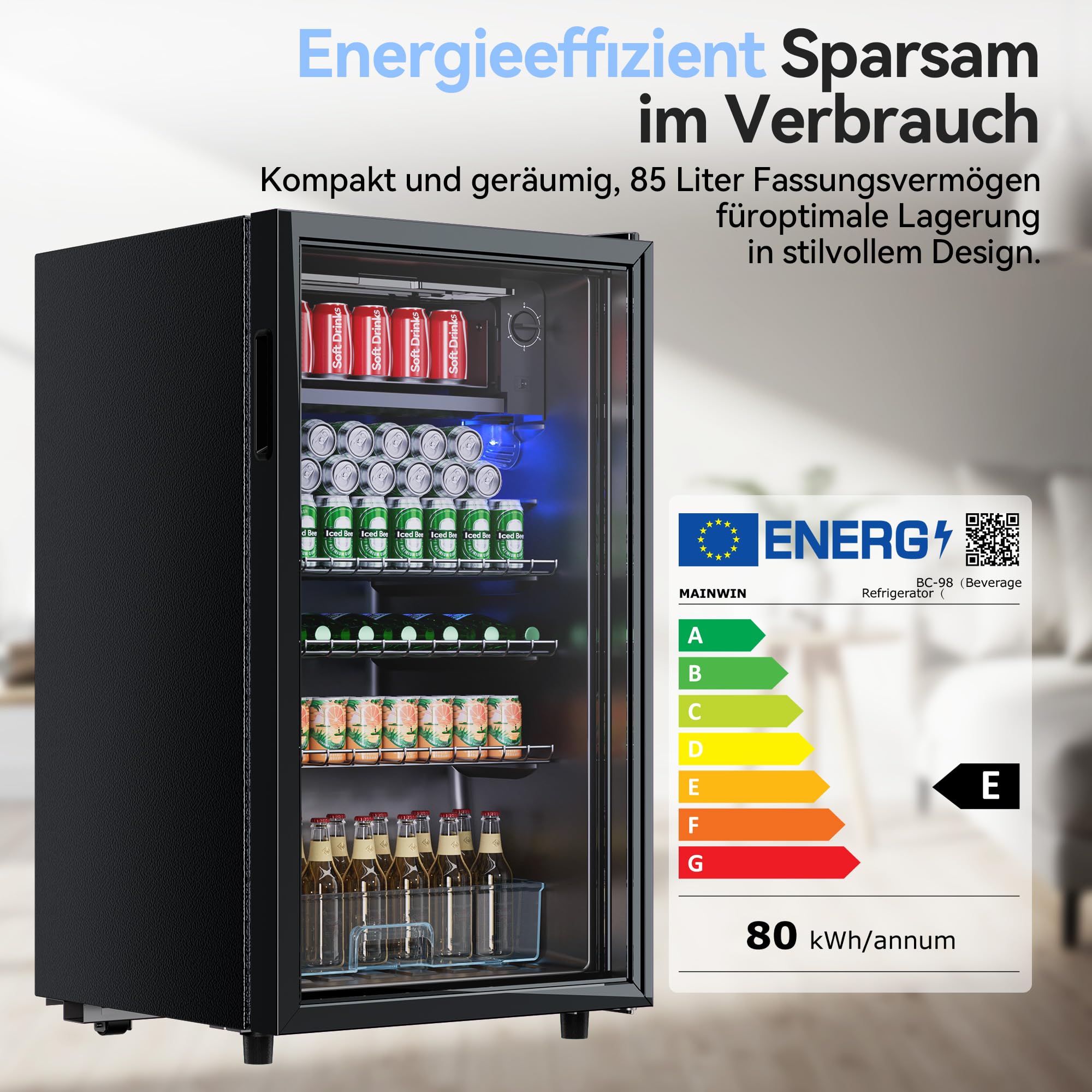 TRIUMPHKEY 93L Getränkekühlschrank Mini-Kühlschrank mit Glastür für 140 Dosen LED