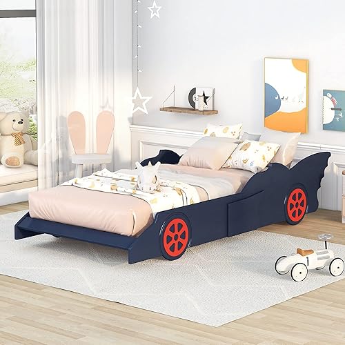 Anwick Marco de cama individual para niños, plataforma en forma de automóvil con ruedas, marco de cama individual para niños, cama individual con