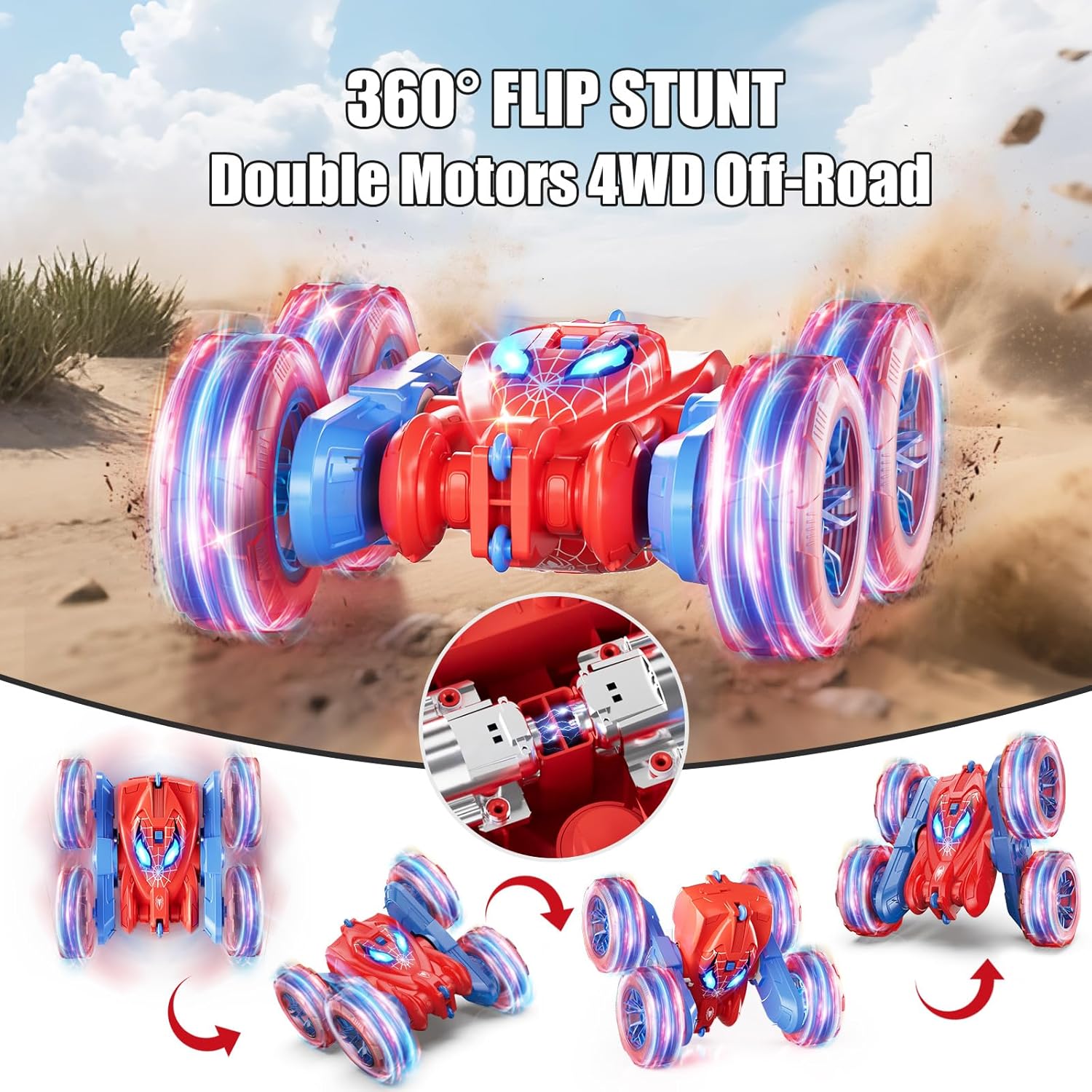 Spider Remote Control Car, 360° Stunt RC Cars for Kids Ages 6-12​ Double-Sided Rotation, 4WD Cool Wheel Lights&2.4GHz Control; Rechargeable Electric Race Car Toys Gift for Boys Girls (Red&Blue)