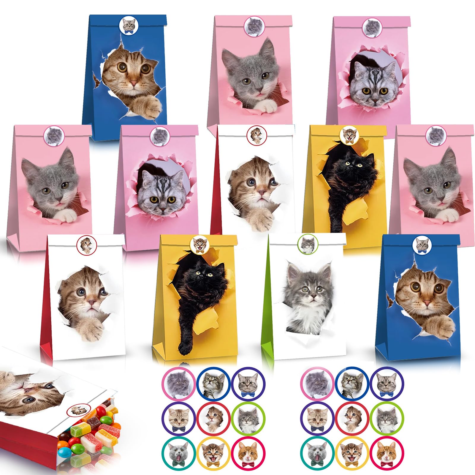 12Pcs Pet Cat Party Bags Paper Gift Bag for Kids Party,Kraft Sweet Goodie Treats Candy Snacks Bag with 18 Sticker,Cute Cat Small Gift Bags for Girls Boys Kids Birthday Pet Cats Themed Party Favour-Bag
