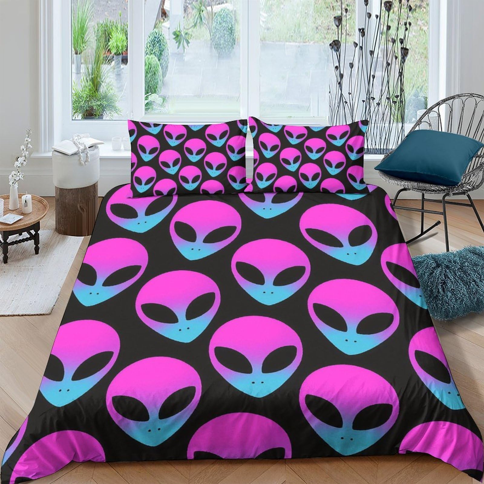 Ctjqhvkz Style-2 3D Printed Pink Alien Head Fitted Sheet Microfiber Soft Black Blue Bed Cover For Bedroom Guest Room Decor Single（135X200cm）