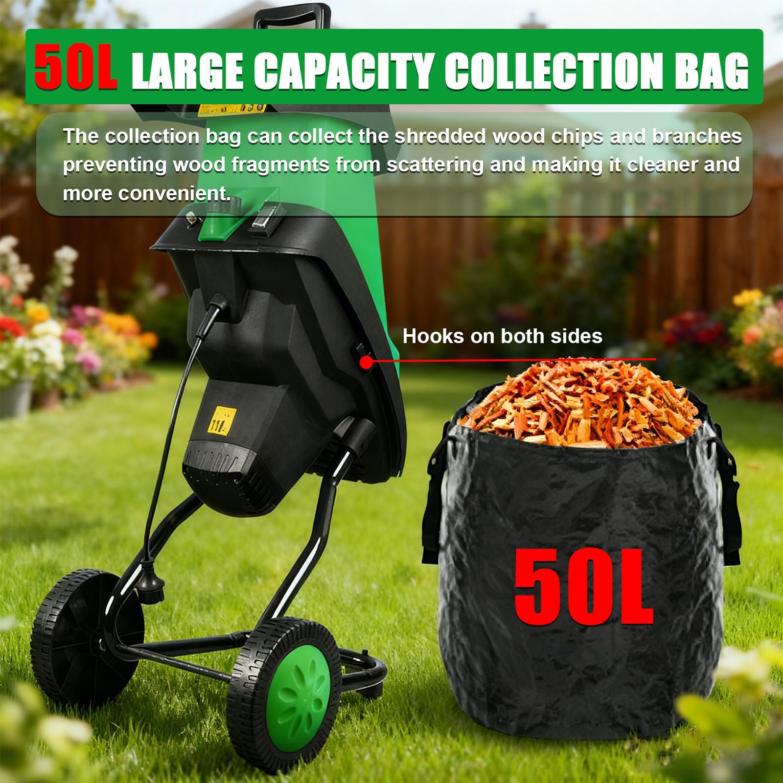 Trituradora De Jardín Eléctrica De 2400 W con Bolsa Desmontable De 50 L Y 2 Juegos De Cuchillas De Acero Al Manganeso. Tritura Ramas De hasta 4 Cm/1,57 Pulgadas