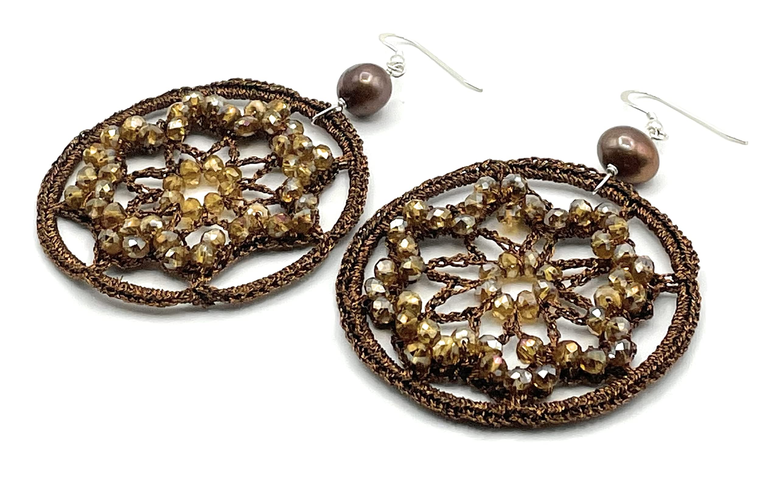 Orecchini Grandi Fiori all'Uncinetto e Perle Marroni, Pendenti in Argento 925, Gioielli Artigianali, Bijoux