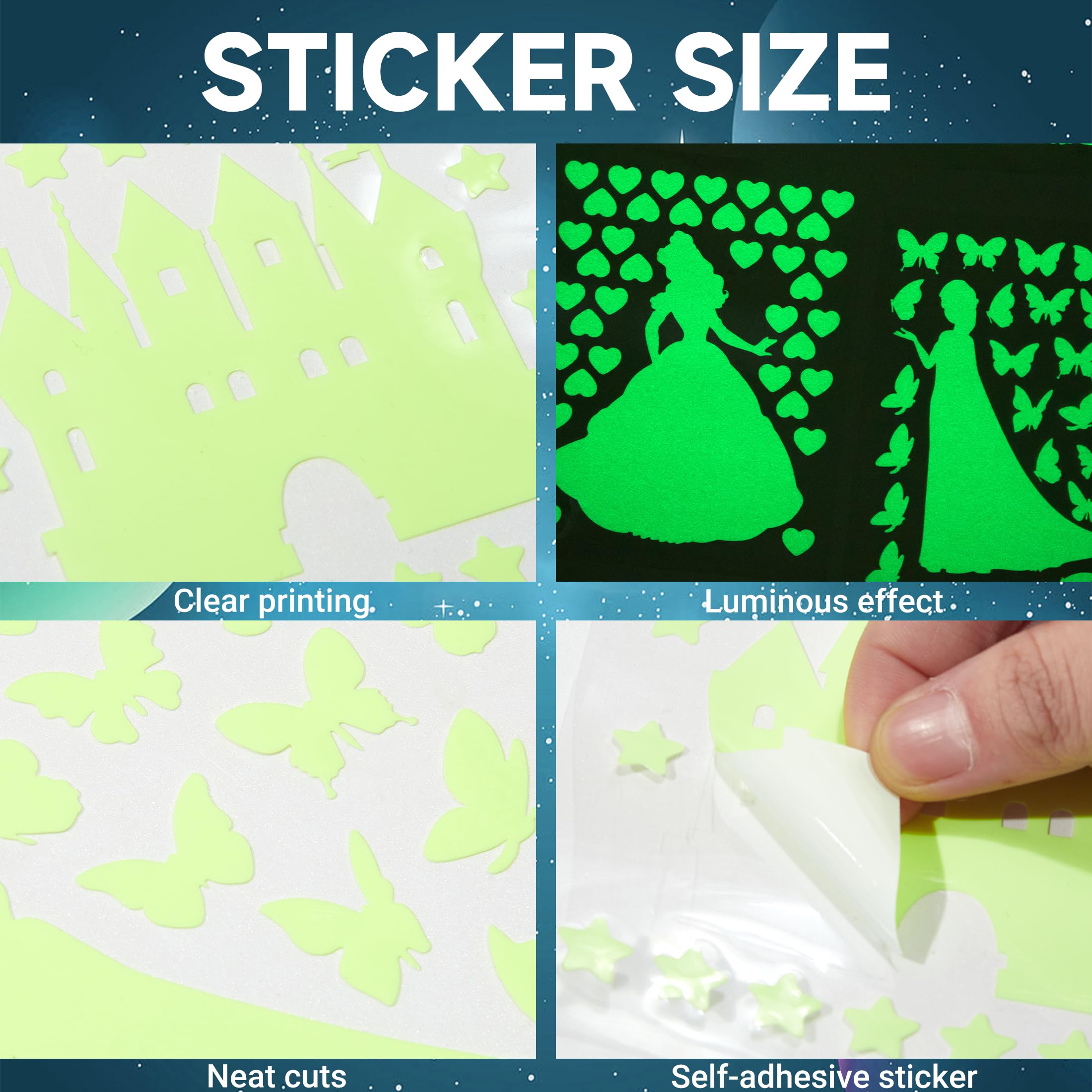 Adhesivo de pared que brilla en la oscuridad, diseño de castillo de princesa, estrella y mariposa, para habitación de niña, calcomanía fluorescente para techo y guardería (verde)