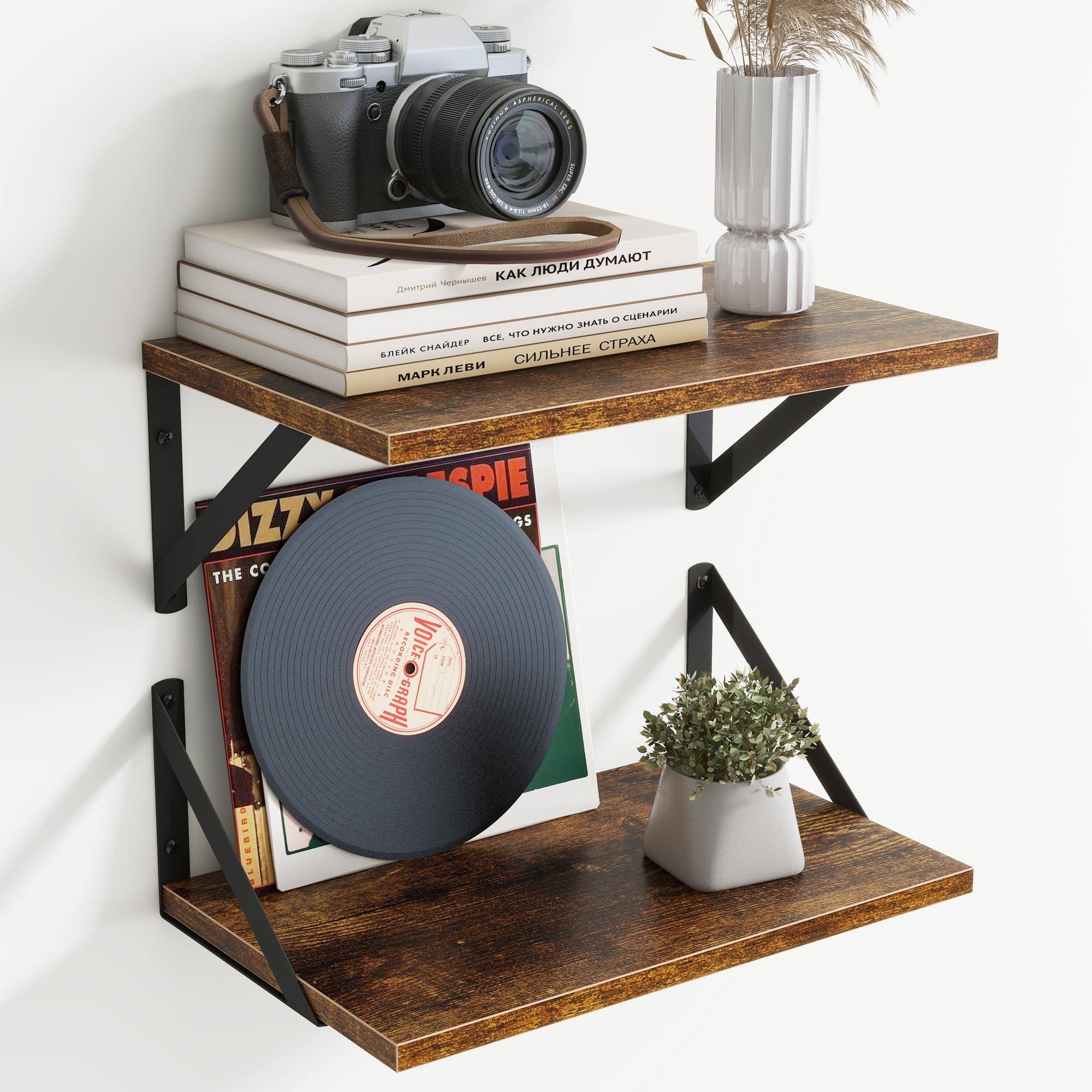 20cm Deep Floating Shelves for Wall,40cm Wood Wall Shelves Set of 2,Wide Floating Bookshelf with Sturdy Metal Brackets,Hanging Storage Floating Shelf for Living Room,Bedroom,Bathroom,Rustic Brown