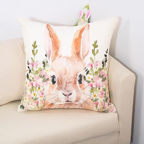 Miniatura 3 de Fundas de almohada florales de Pascua de 20 x 20 pulgadas, juego de 2 fundas de cojín de flores de primavera, conejo, decoración de conejo para el