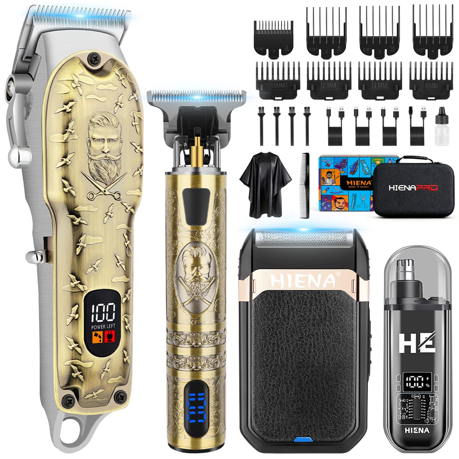 HIENA PRO Maquina de Cortar Pelo Hombre, Inalámbrico Cortapelos, Recortador de Barba, Afeitadora de Láminas, Cortapelos de Nariz, Kit Completo de Afeitado y Corte de Pelo Eléctrico (814 Set)