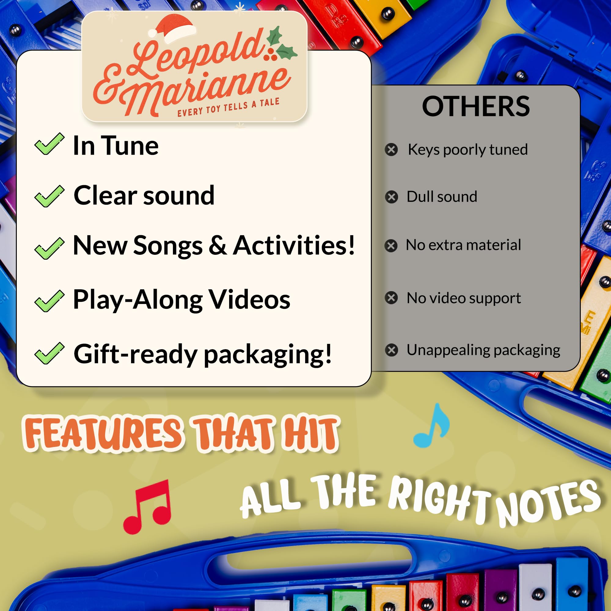 Leopold & Marianne | Xylophone for Kids Ages 5-9 | Kids Musical Instrument | Glockenspiel 25 Notes Chromatic | Color Metal Keys | Music Book Included, Play-Along Videos, Blue Carry Plastic Case