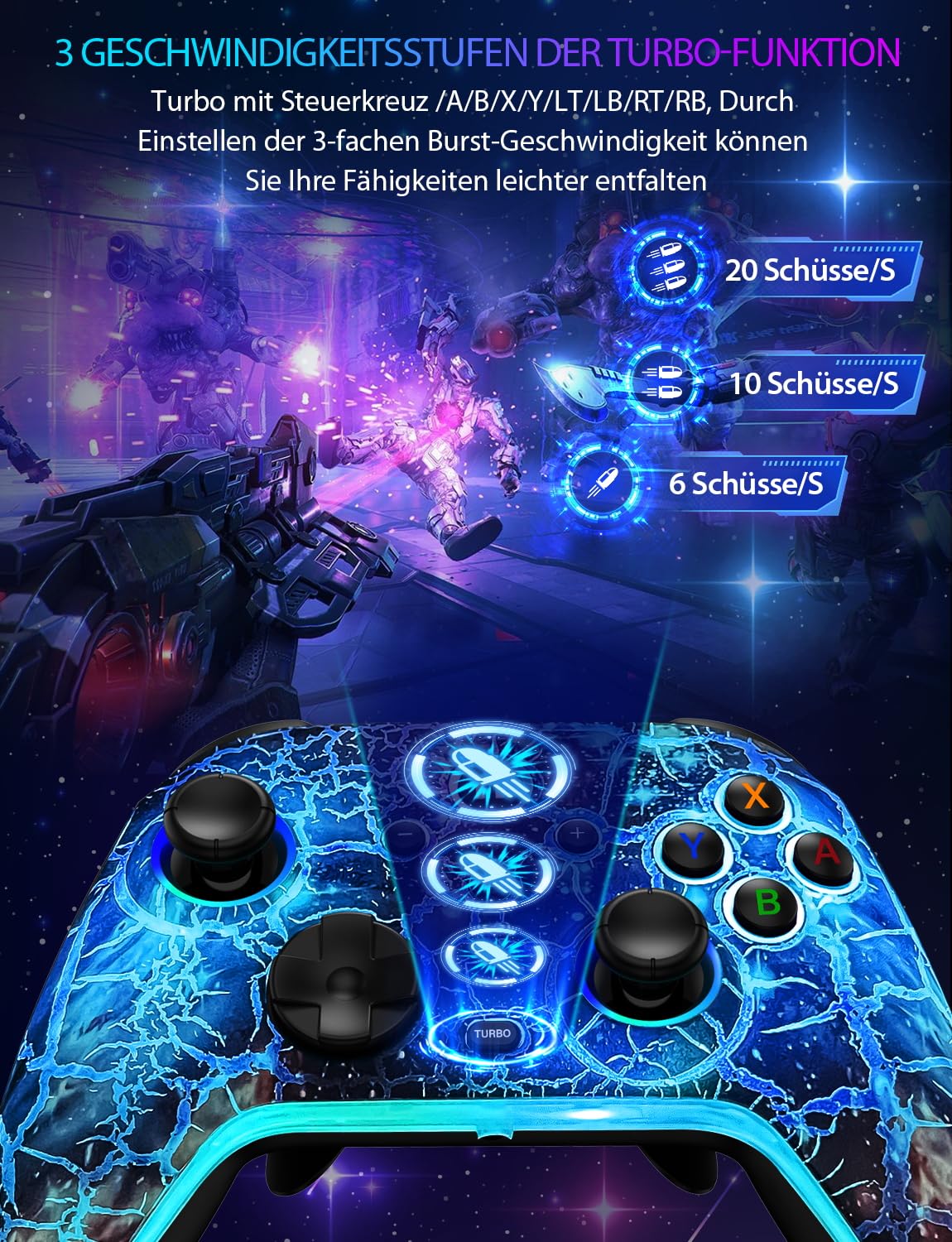 Switch Pro Controller für Nitendo Switch/Oled/Lite/Switch 2 - 1200 mAh Wiederaufladbar Wireless Switch Controllers mit 9 RGB Licht, Programmierbar, Wake Up Funktion, Turbo, Vibration - Sternenhimmel