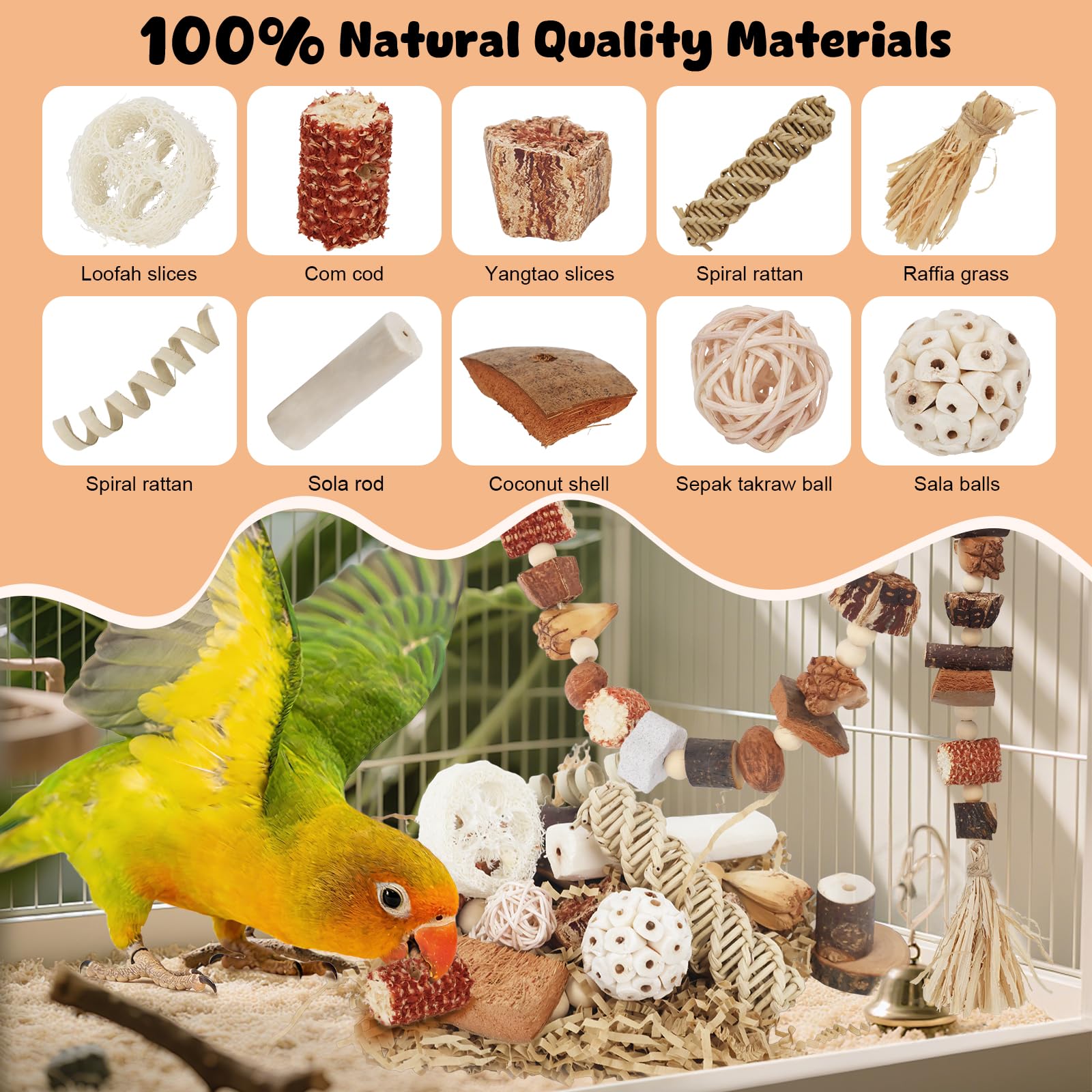 Juguetes para pájaros, caja de forraje natural para loros, juguetes para periquitos, cuerda colgante para cacatúas, conures, pájaros amorosos y otros accesorios de jaula de pájaros pequeños a