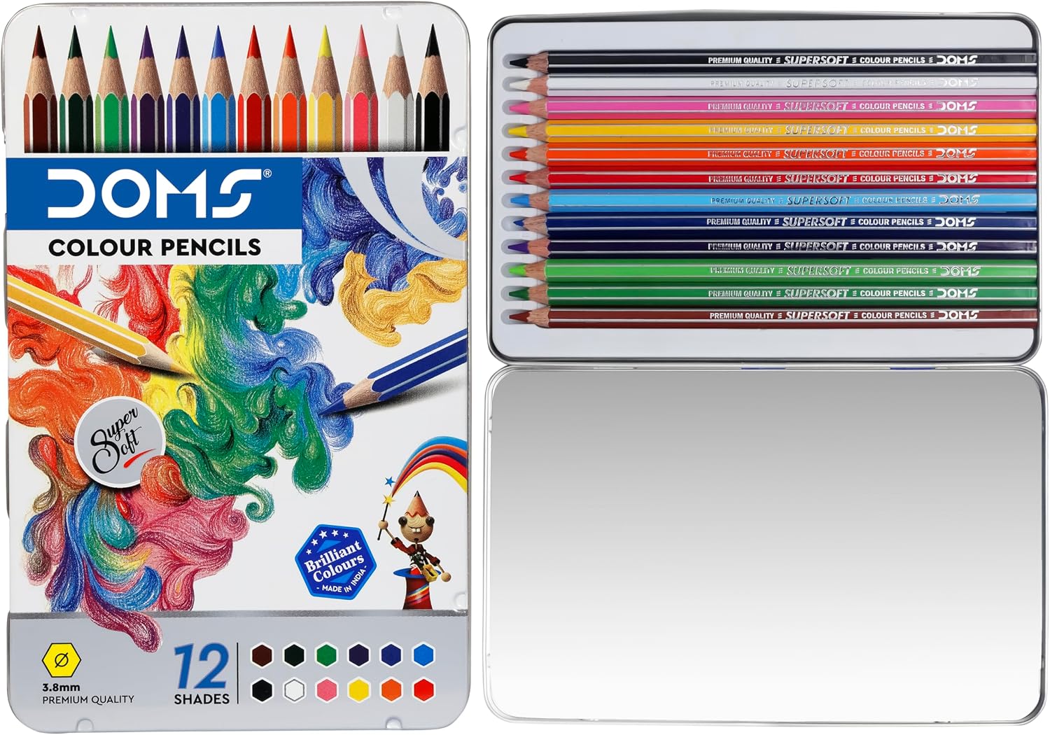 Doms Supersoft Colour Pencils 3.8mm Premium Quality - 12 Bright Colours - Soft Wood Hexagonal Colour Pencils