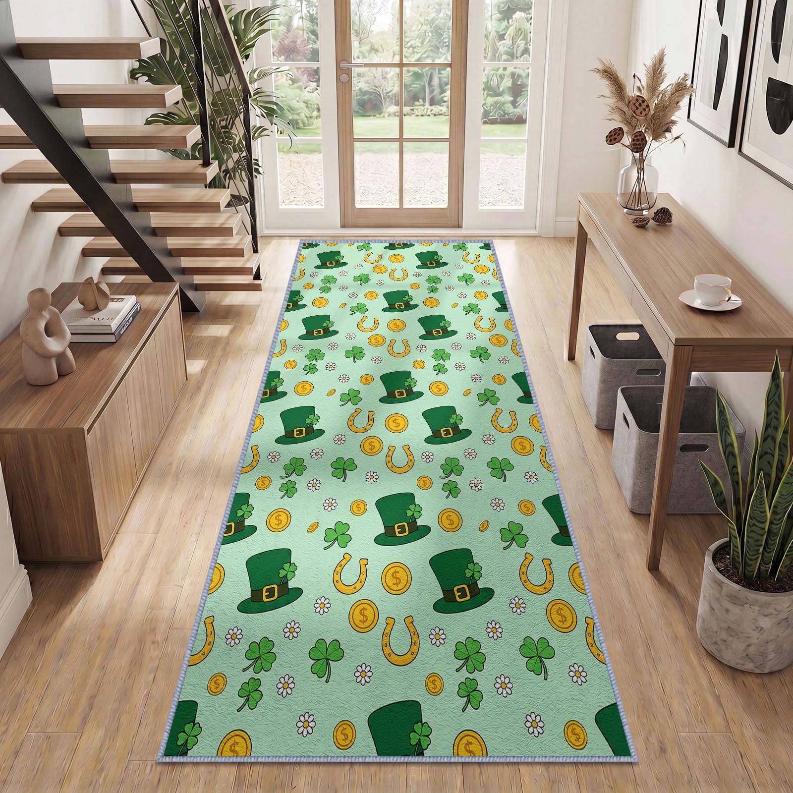 Läufer Flur 60 x 300 cm, Festliches Florales Kleeblätter Zylinder Teppich