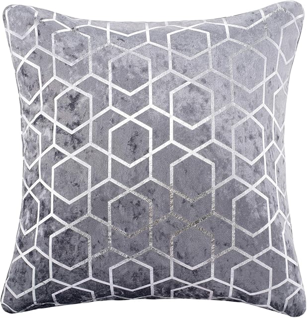 Geometric Metallic Hexagon Luxury Crushed Velvet Cushion Cover (Silver, 18" x 18")