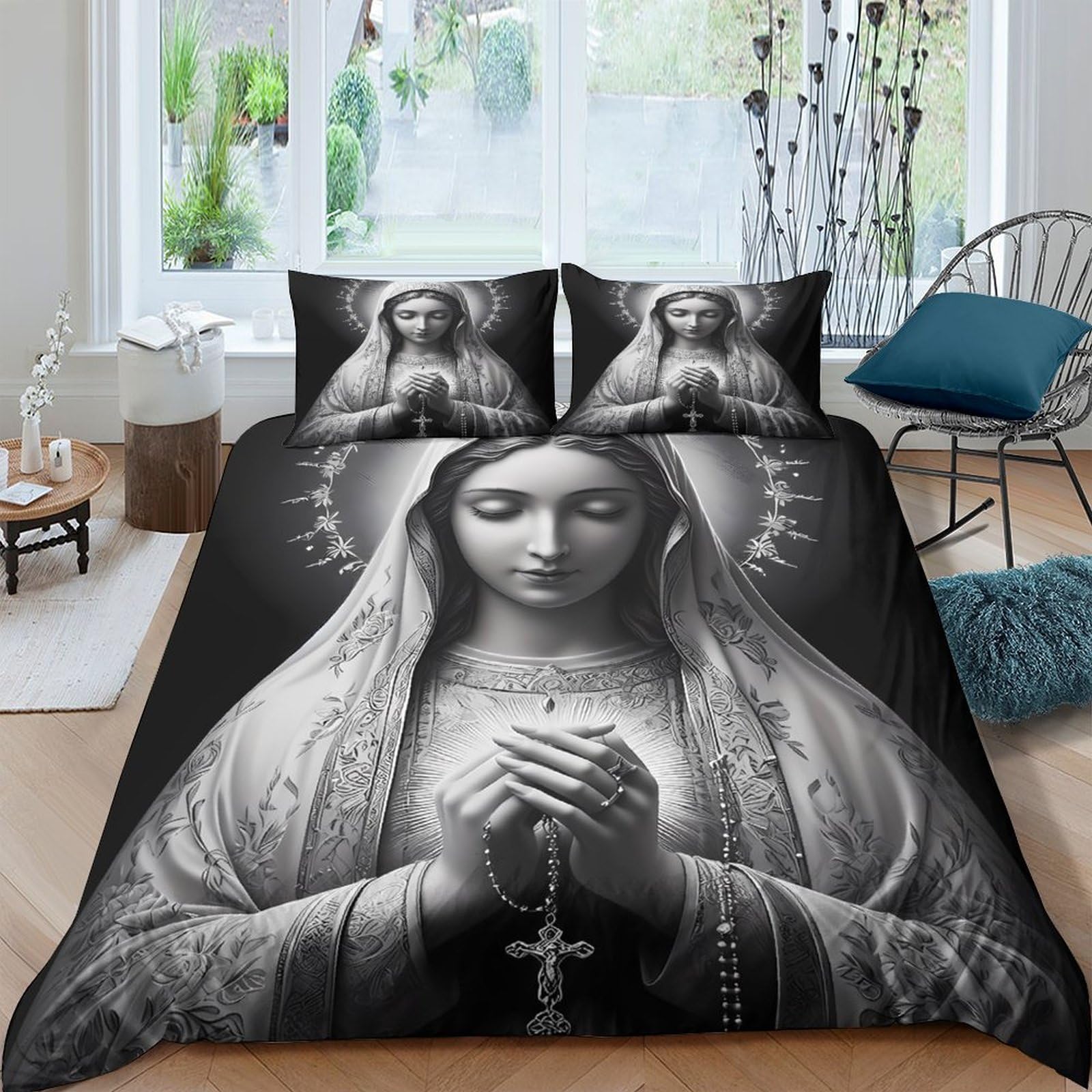Ctjqhvkz Style-4 3D Printed Sacred Madonna Fitted Sheet Microfiber Soft Grey Religious Art Mattress Cover For Bedroom Guest Room Decor Single（135X200cm）
