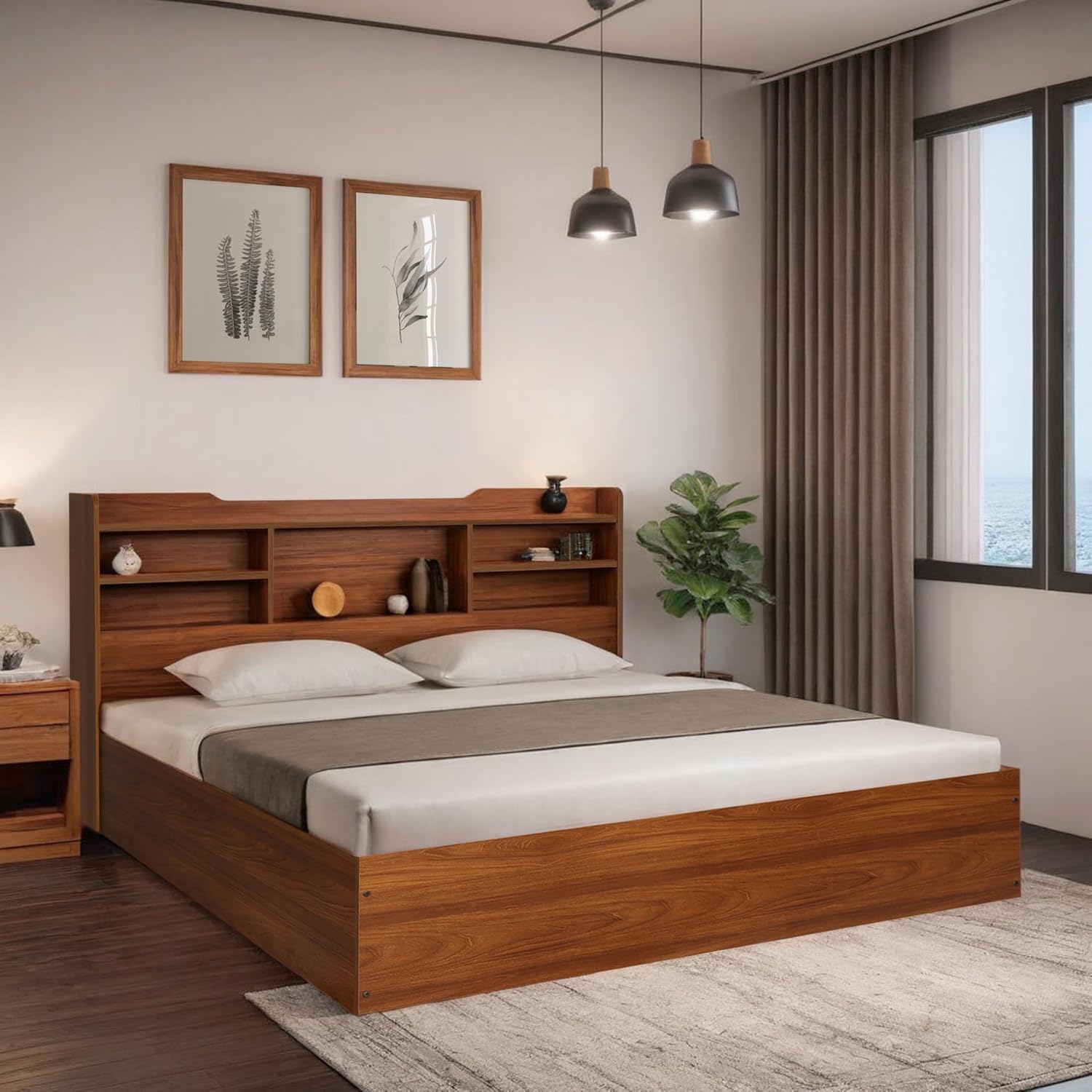 Witty Wud |Boho | King Size Engineered Wood Bed Without Storage in Bali Teak Finish for Bedroom ...