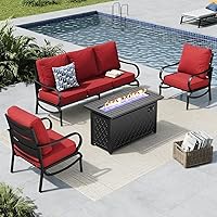 Vista 15 de MFSTUDIO Juego de muebles de patio de 6 piezas con mesa de fogata de gas de 45 pulgadas (hasta 7 asientos), sofás de conversación de patio con marco