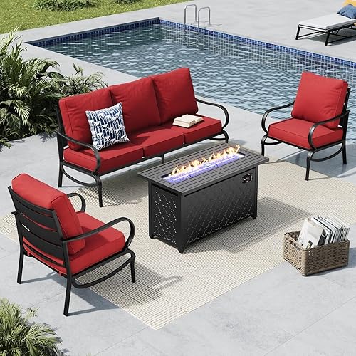 Miniatura 16 de MFSTUDIO Juegos de muebles de patio con mesa de fogata de gas de 45 pulgadas, 8 piezas de conversación de metal para exteriores con 1 sofá de 3