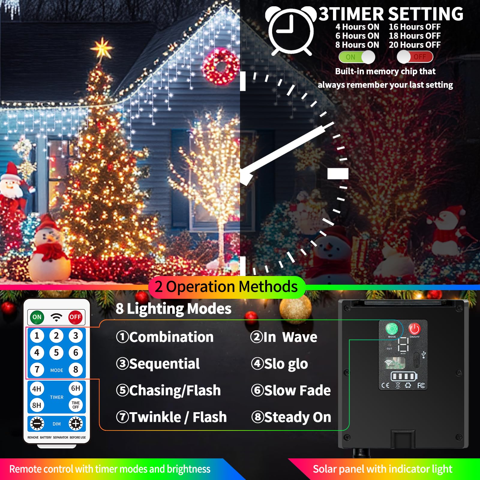 RJEDL Outdoor Solar Christmas Icicle Lights 18+5m/75.5ft 600 Led Icicle String Lights with USB Port & Remote Control Solar Hanging Lights Waterproof for Outside Backyard Balcony Decor - Image 4