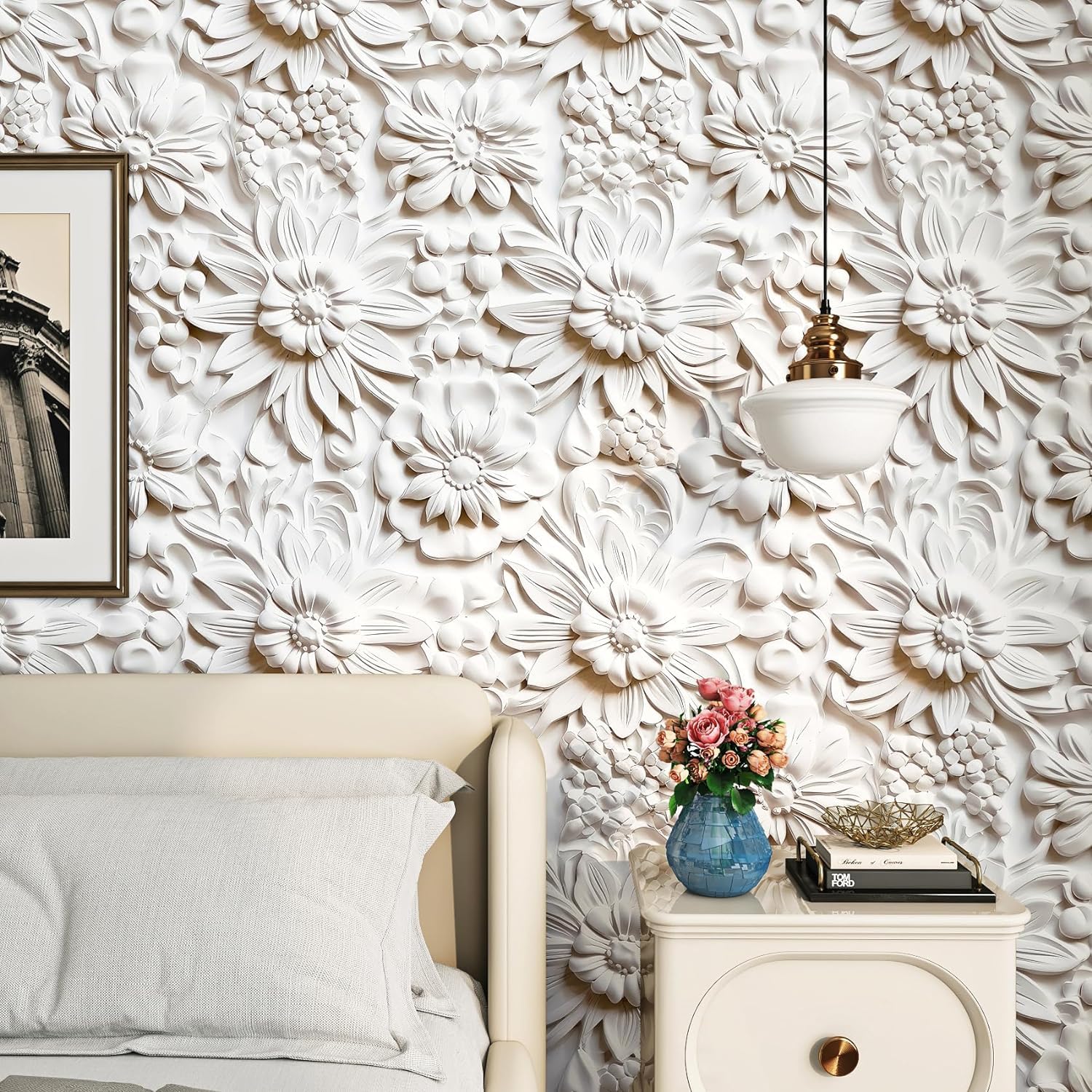 FunStick 44.5CM×9M Papel Pintado Flores Blanco Margarita Papel Pintado Pared 3D Salon Vinilos Adhesivos Flores Beige Papel Adhesivo Para Muebles Baño Floral Papel Autoadhesivo Pared Habitacion 3D