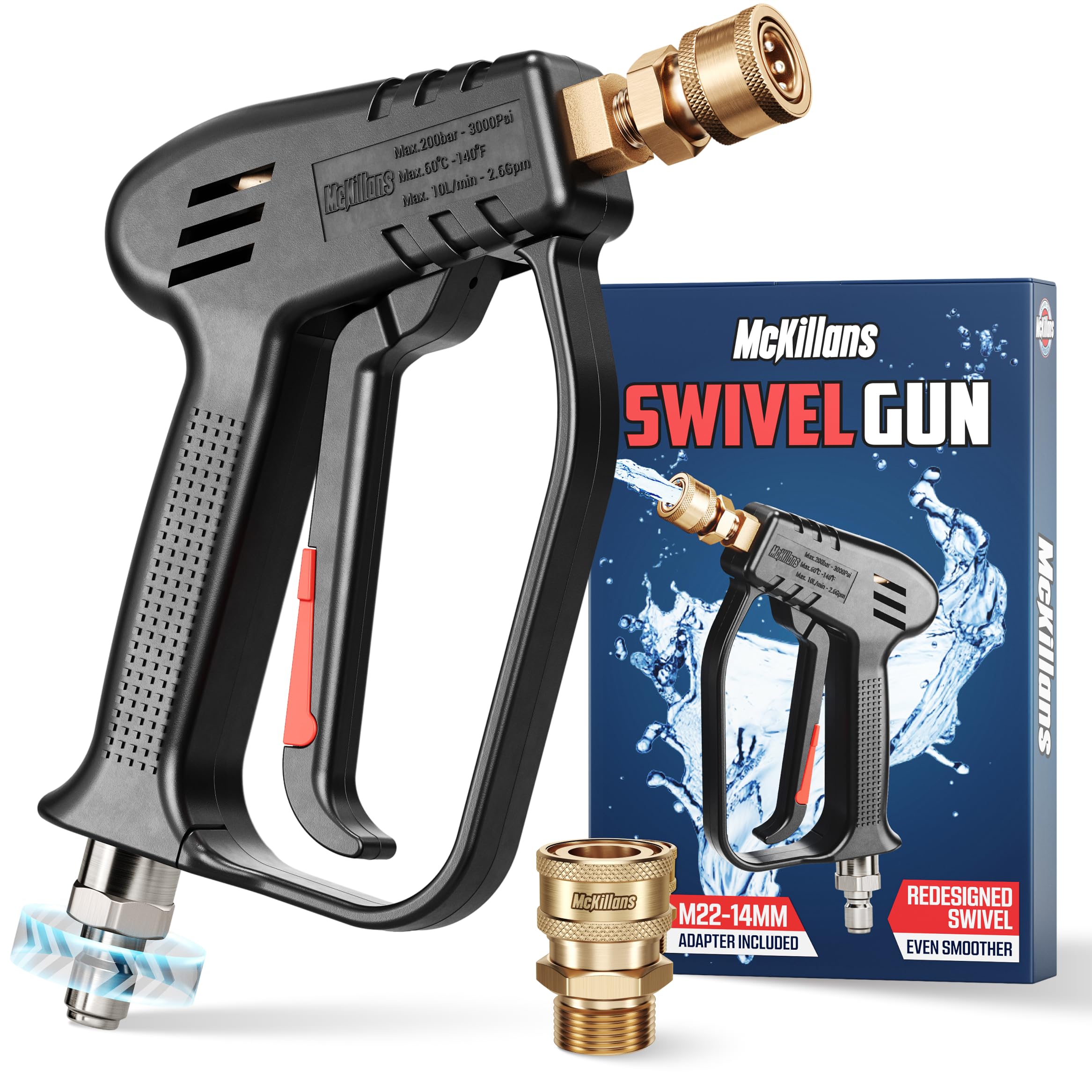 McKillans® 2026 Short Pressure Washer Gun with Upgraded Swivel - M22-14mm to 3/8 Quick Connect Included - High Pressure Water Handle - Power Washer Gun Compatible with Foam Cannon, Car Wash Gun