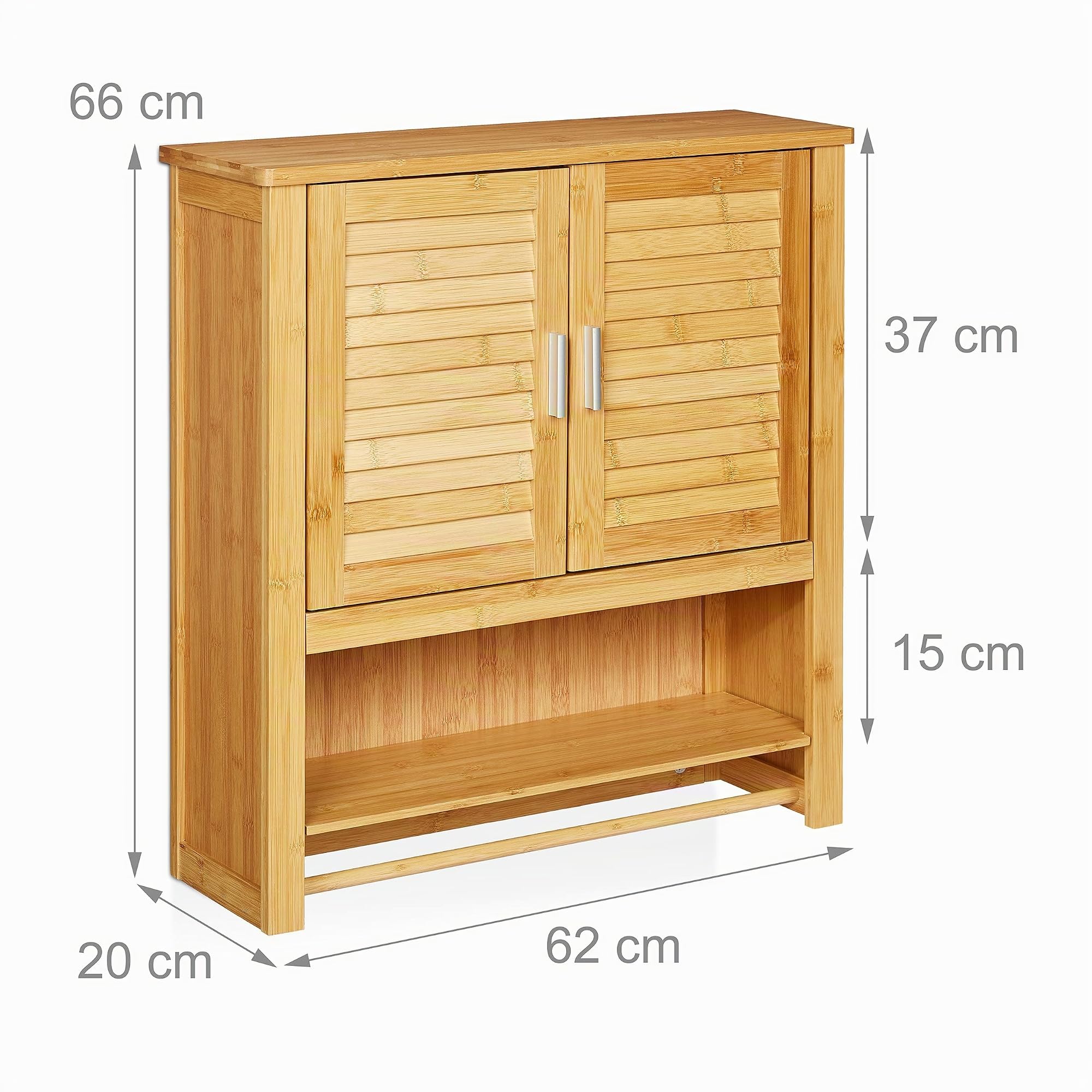 Relaxdays Pensile Bagno LAMELL, in Bambù, con Porta Asciugamani, 3 Ripiani, 2 Ante, Mobiletto, 66 x 62 x 20 cm, naturale