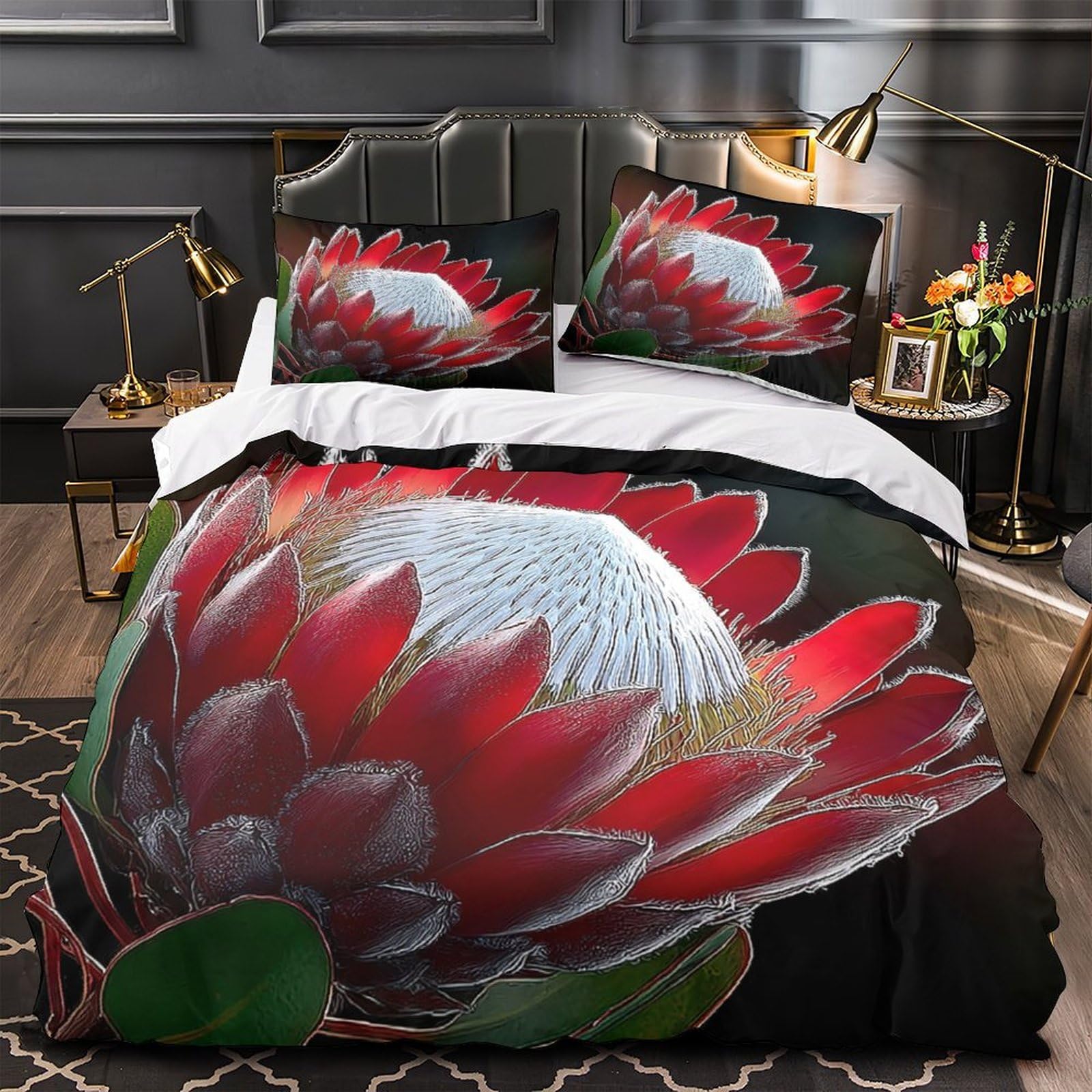 Parure de lit nature imprimé 3D protea pour chambre de fille