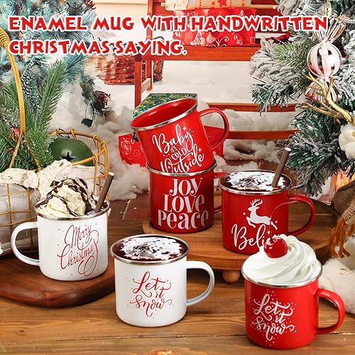 Miniatura 9 de Juego de 20 tazas de café esmaltadas de Navidad de 12 onzas, de acero galvanizado, festivo, blanco y rojo, divertido juego de regalo para mujeres,